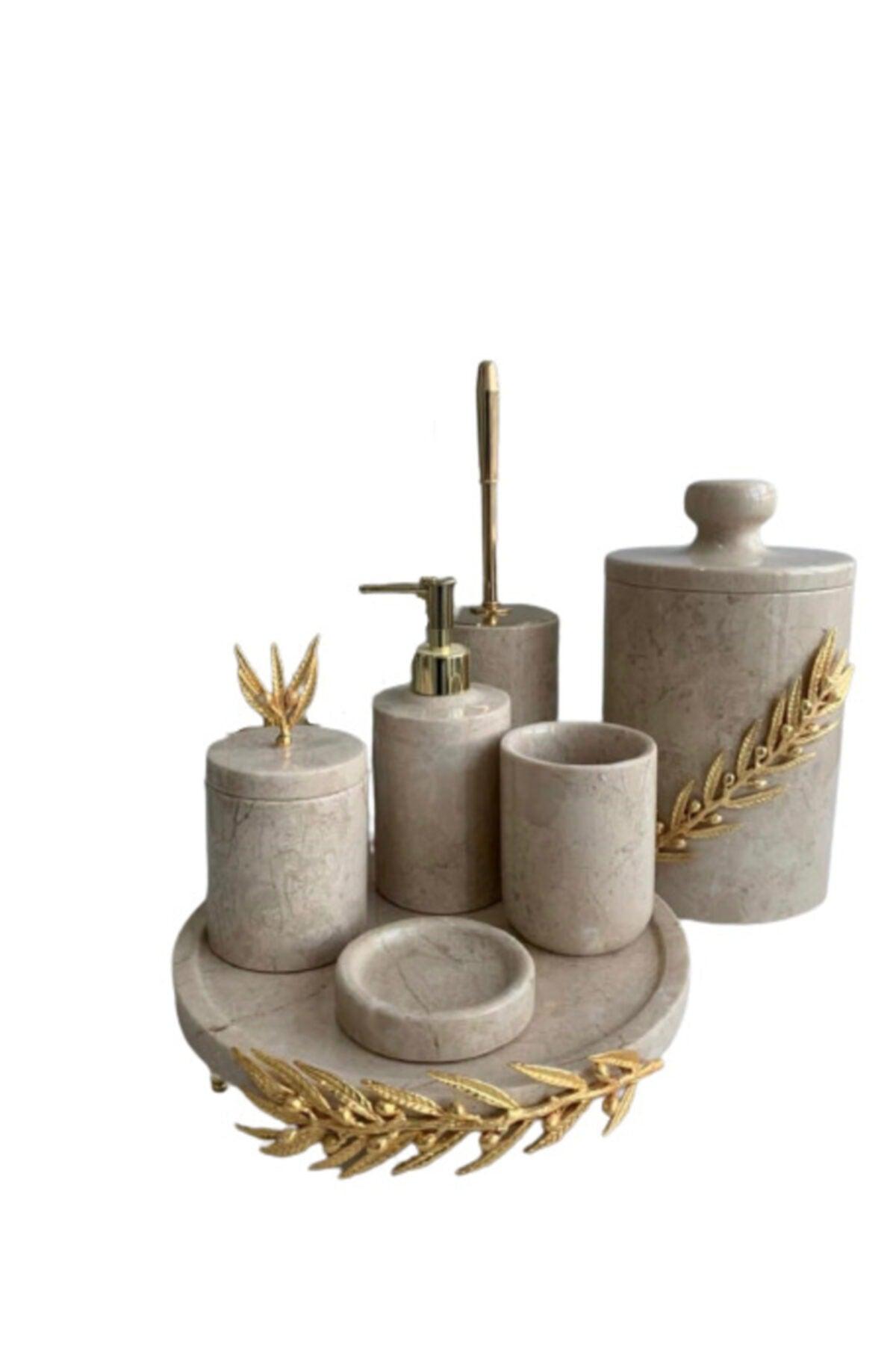 Decorative Beige Marble Gold Olive Branch Detailed 7 Pcs Bathroom Set - Swordslife