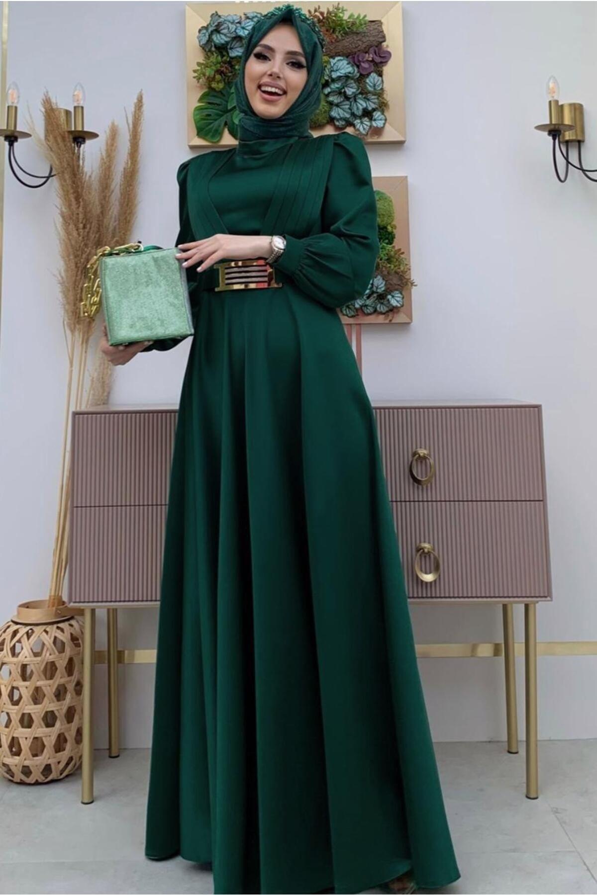 Women's Green (EMERALD) Belted Pleated Detailed Satin Evening Dress T 2973 - Swordslife