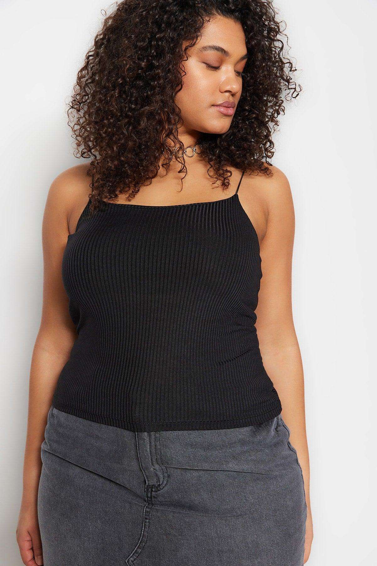 Black Crop Knitted Strap Blouse TBBSS23AF00013 - Swordslife