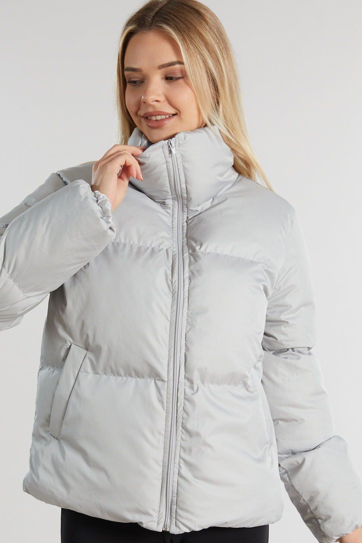 Women's Gray Owersize Filled Inflatable Waterproof Coat Tbg069 - Swordslife