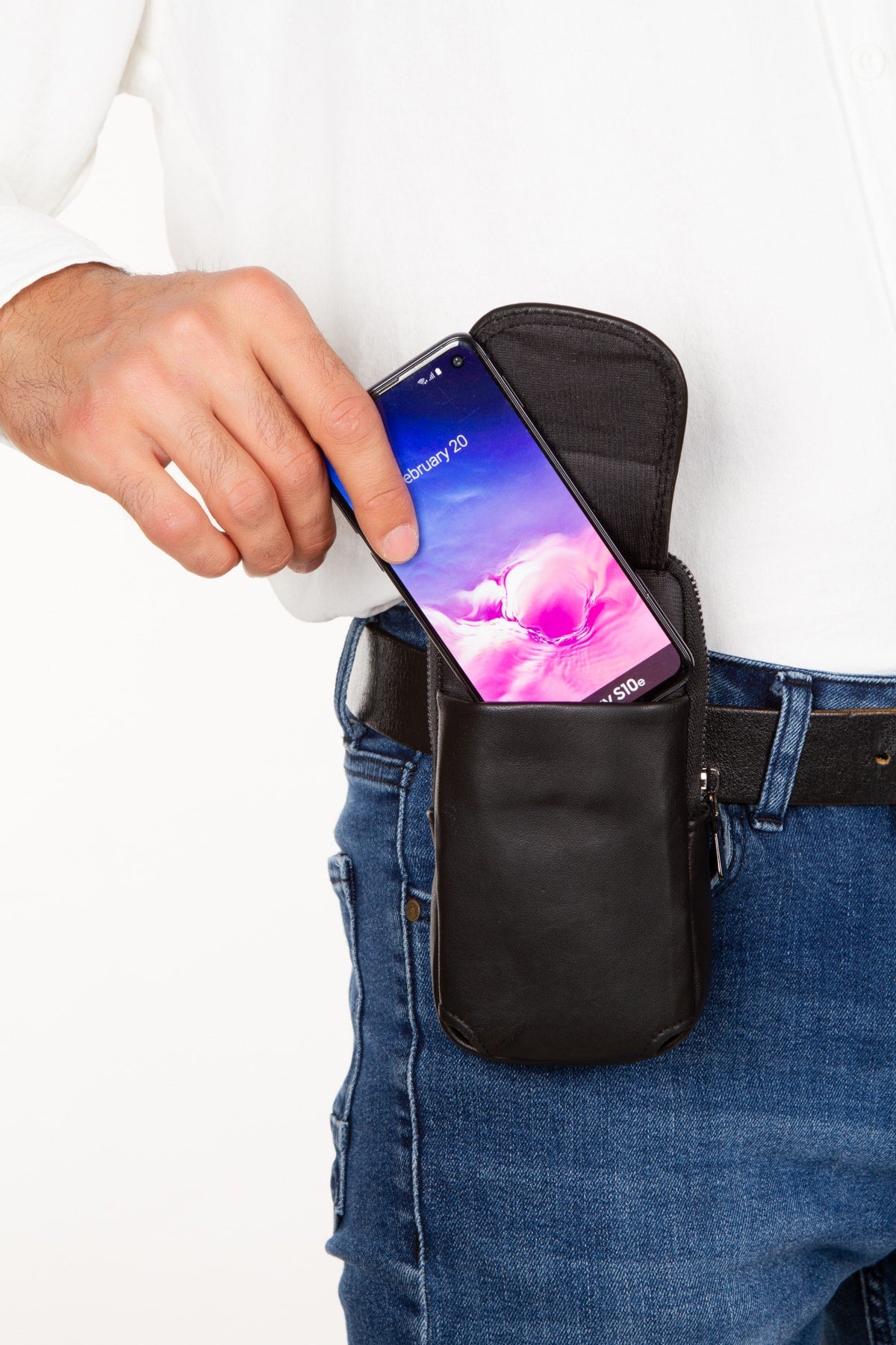 Men'S 100% Genuine Leather Belt And Shoulder Strap Phone Holder Cross Strap Phone Bag
