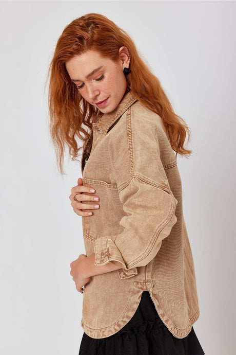 Tan Oversize Denim Jacket With Pockets Slit Detailed - Swordslife