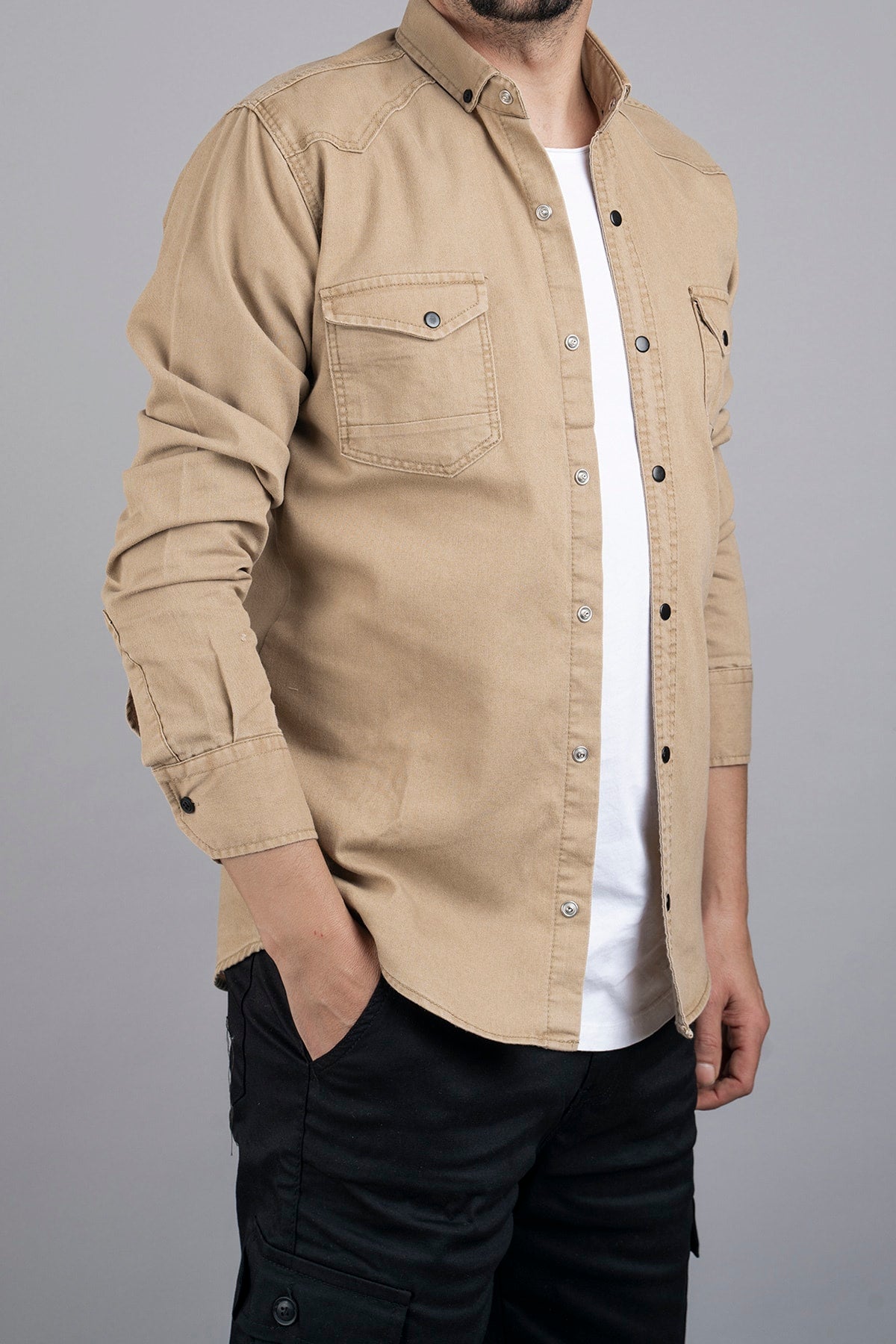 Slim Fit Men'S Denim Shirt Beige