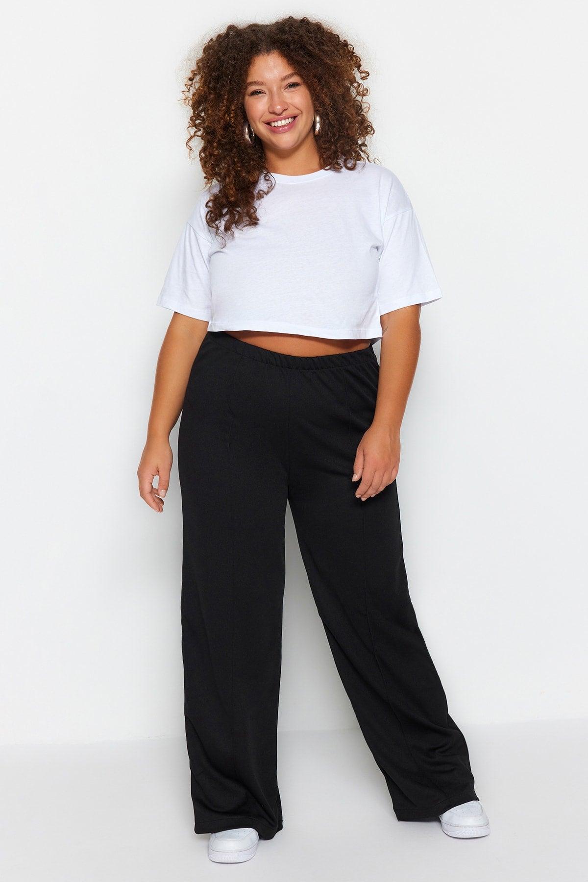 Black Wideleg Knitted Crepe High Waist Ribbed Trousers TBBSS23AR00021 - Swordslife