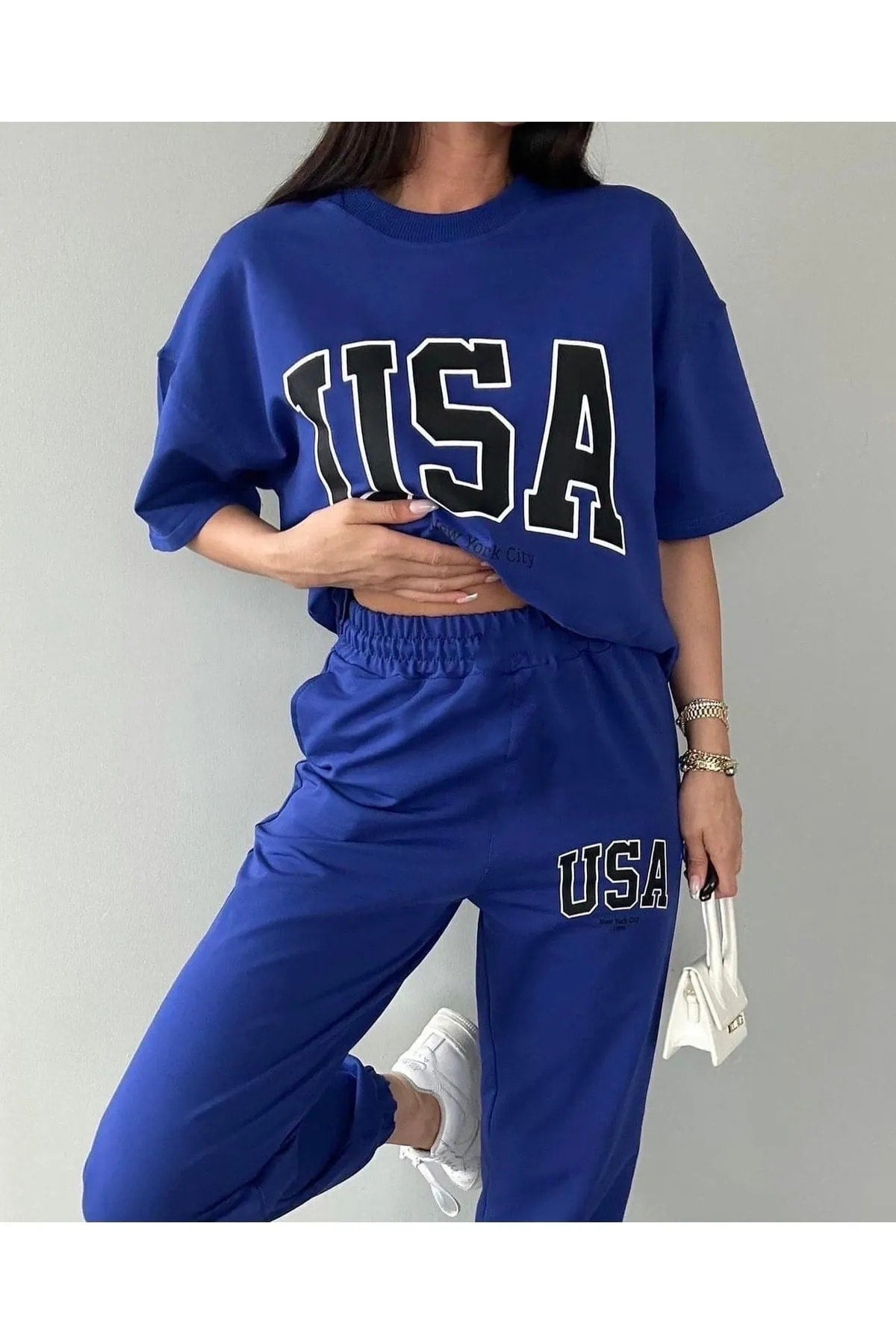 Usa T-Shirt Sweatpants Jogger- Blue Printed Bottom Top Tracksuit Suit Oversize Crew Neck