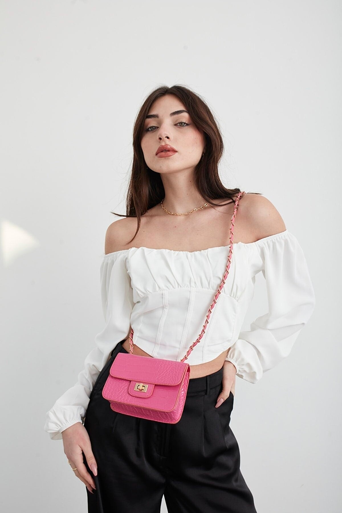 Fuchsia Women'S Crocodile Patterned Mini Shoulder Bag