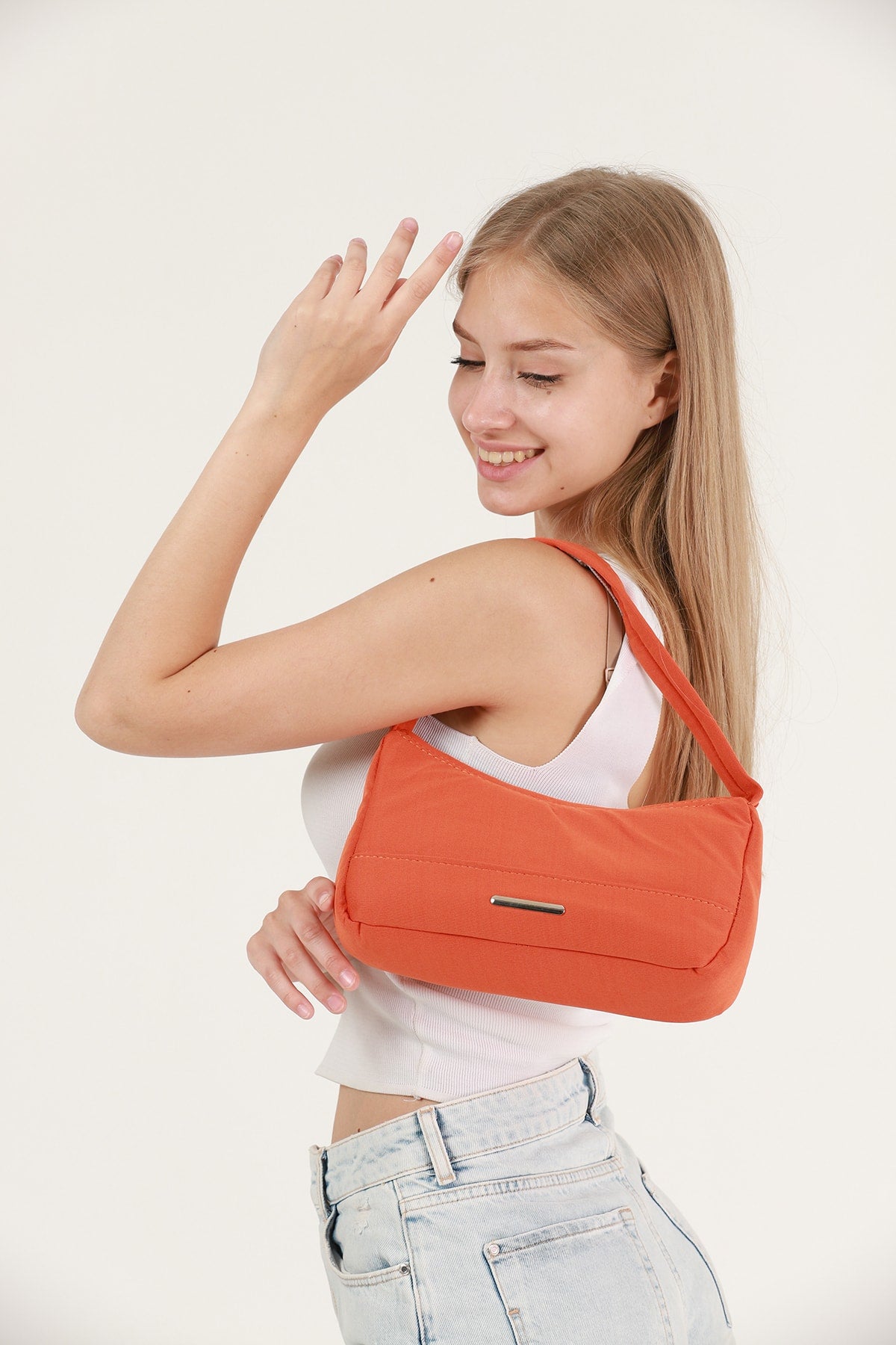 Orange U26 Single Zipper Section Canvas Fabric Women's Daily Baguette Hand And Shoulder Bag U:13 E:25 G:6