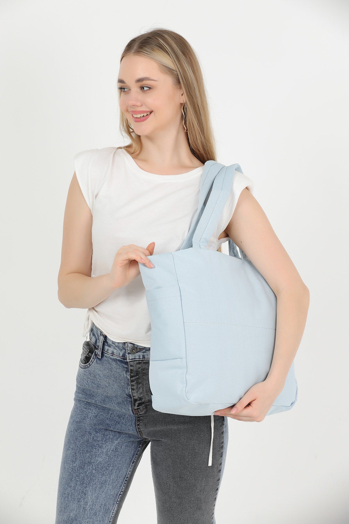 Blue U25 3-Compartment Side 2 Pocket Detailed Zipper Closure Canvas Women's Arm And Shoulder Bag B:35 E:35 G: