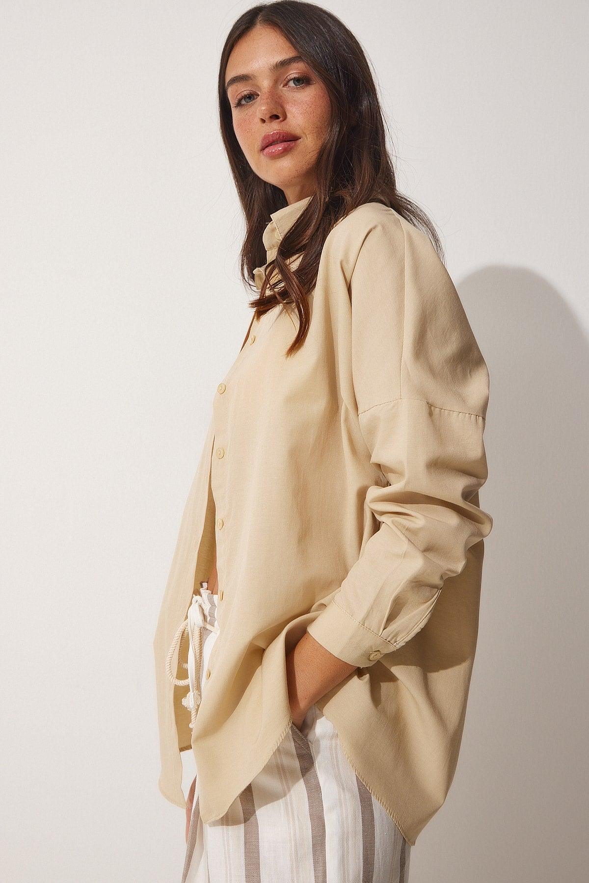 Women's Dark Cream Oversize Long Basic Shirt DD00842 - Swordslife