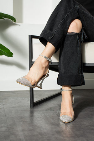 Silver Transparent Stone Women'S Evening Dress Heeled Shoes