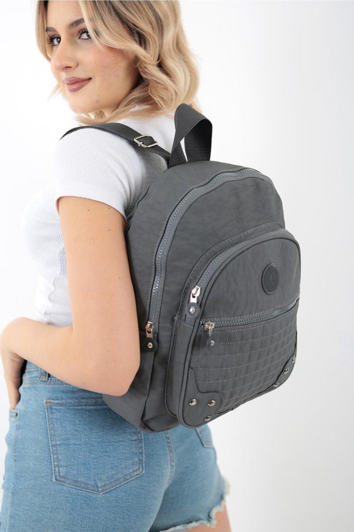 Unisex Gray Crinkle Fabric Waterproof & Dirt-Resistant Backpack And School Bag