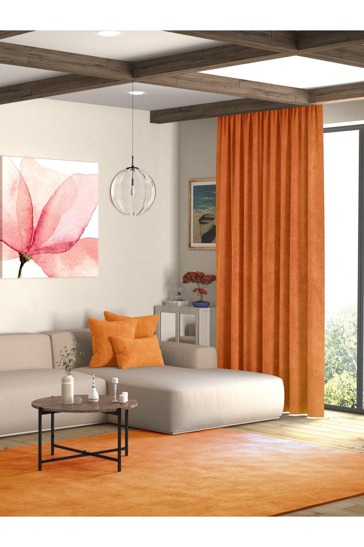 Velvet Textured Mandarin Orange Island Backdrop Curtain Extraforward Pleated - Swordslife