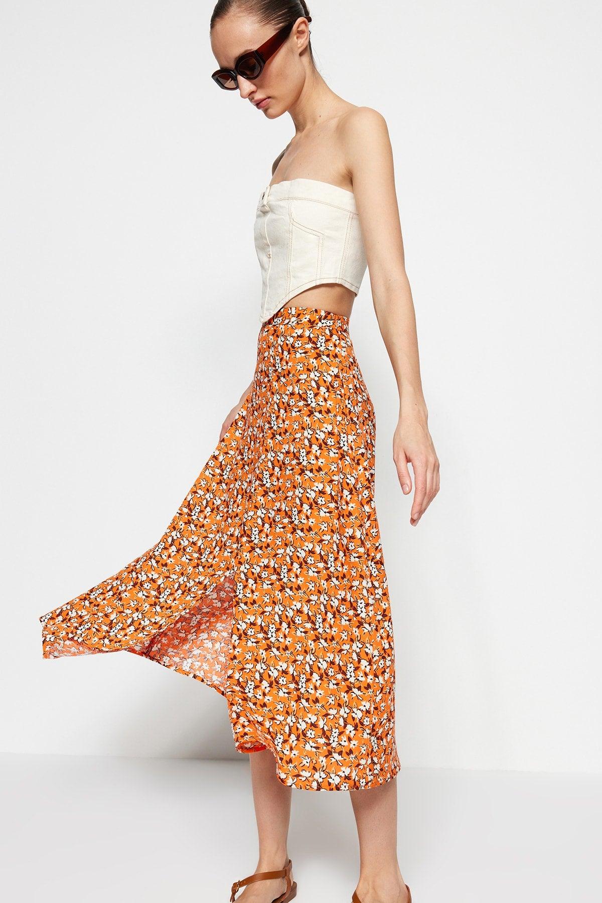 Orange Midi Woven Slit Detailed Viscose Fabric Floral Patterned Skirt TWOSS20ET0230 - Swordslife