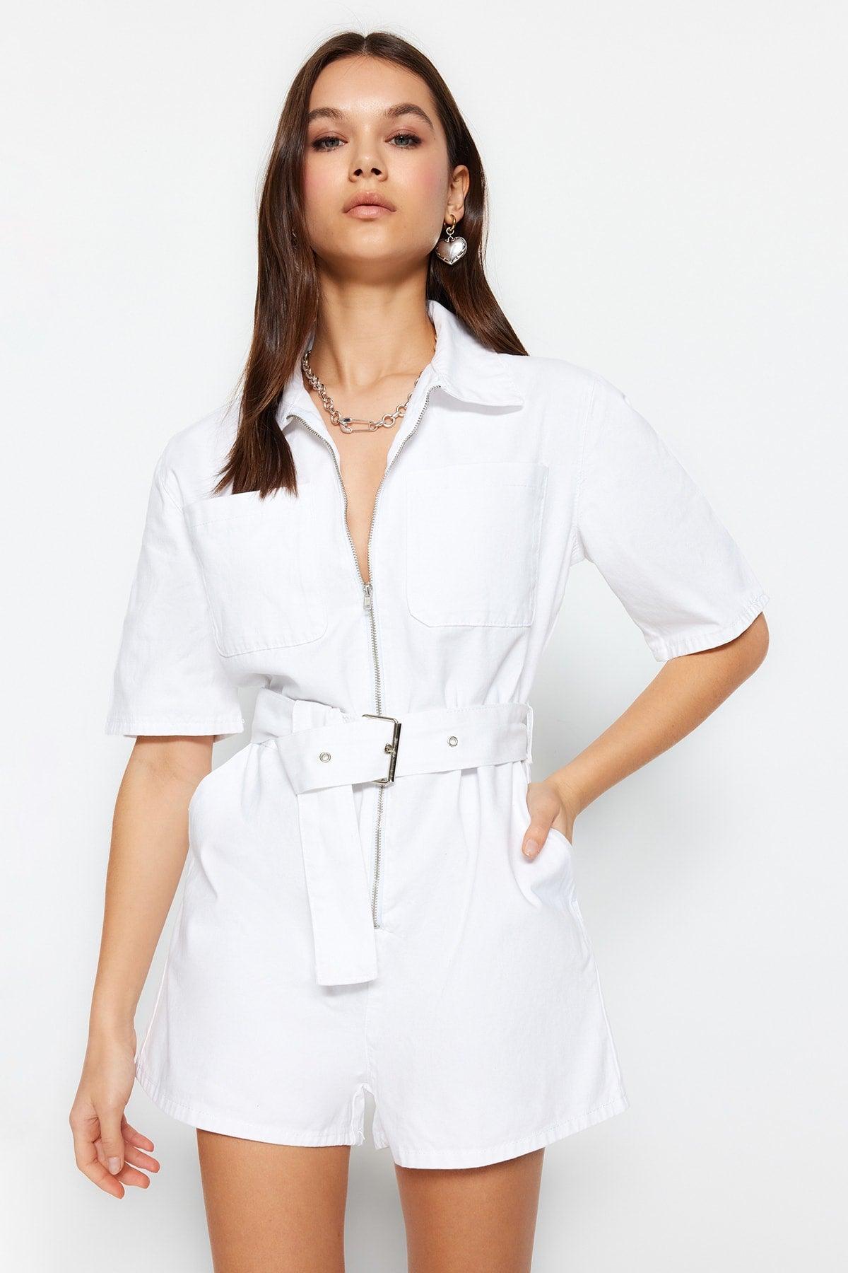 White Zipper Denim Jumpsuit - Swordslife