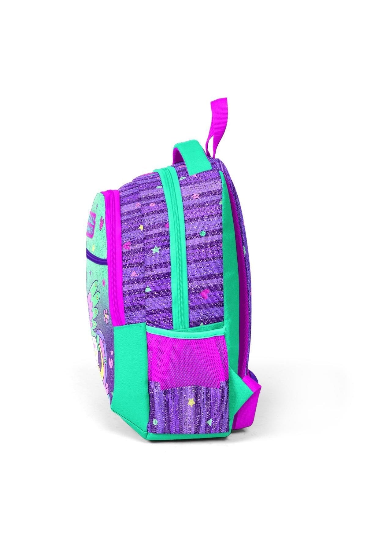 Kids Purple Water Green Unicorn Patterned Three Compartment School Backpack 23487