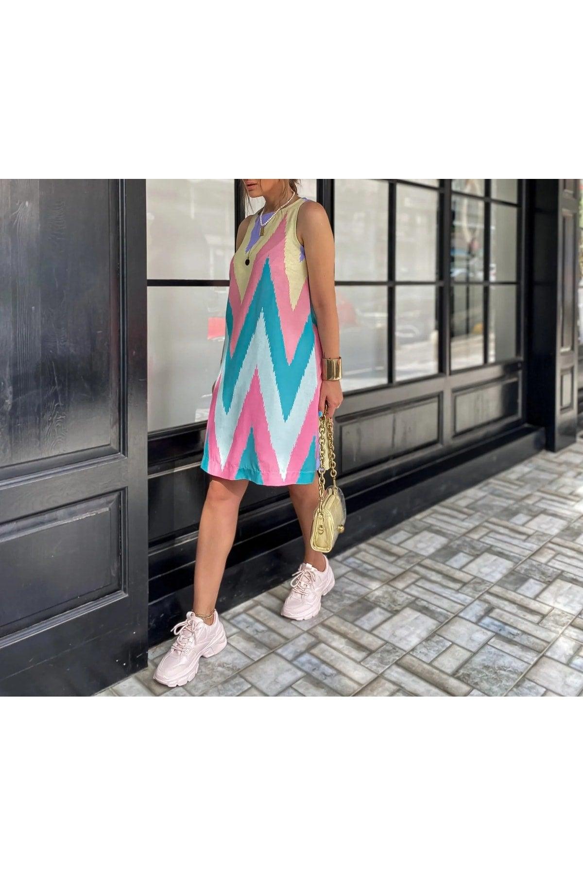 Colorful Zigzag Pattern Sleeveless Linen Bell Dress - Swordslife