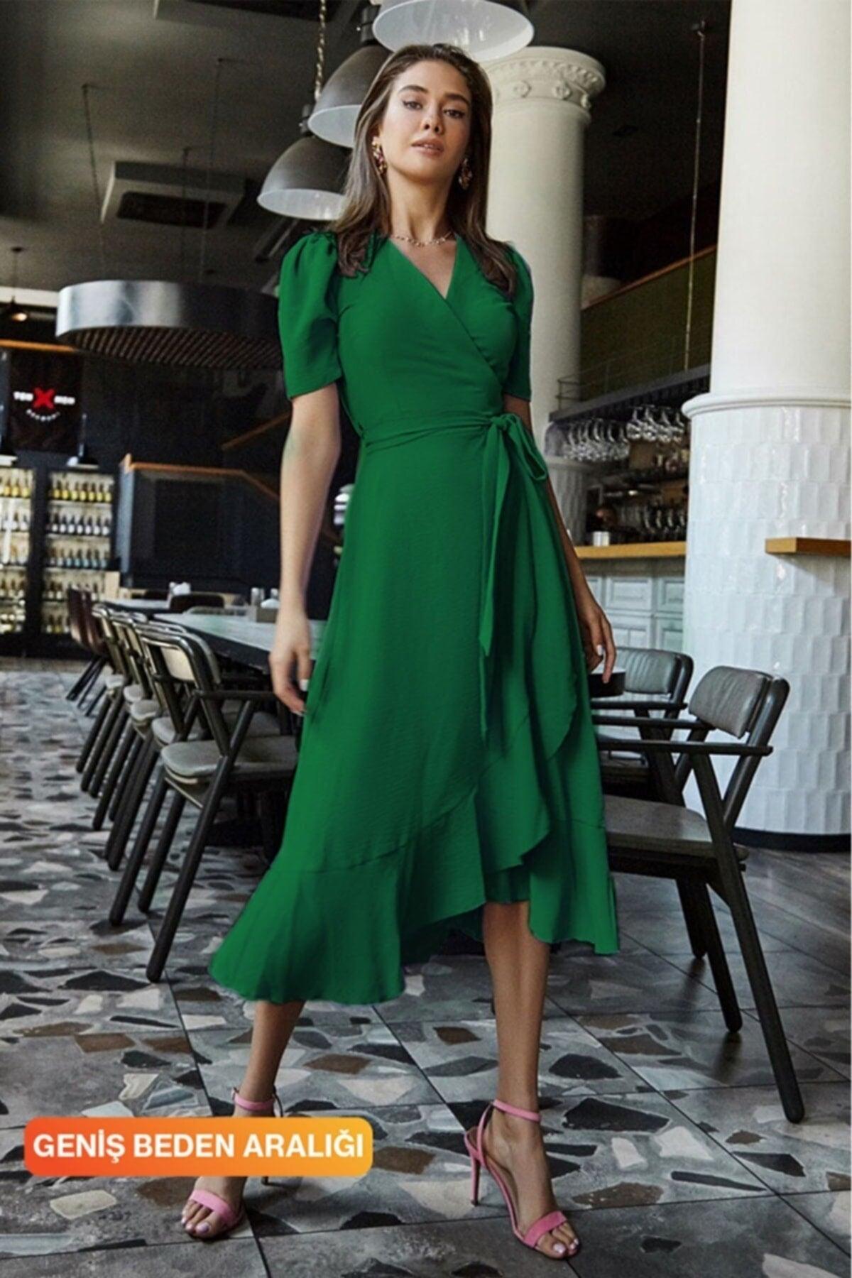 Double Breasted Collar Short Sleeve Flounce Belted Midi Length Dress - Swordslife