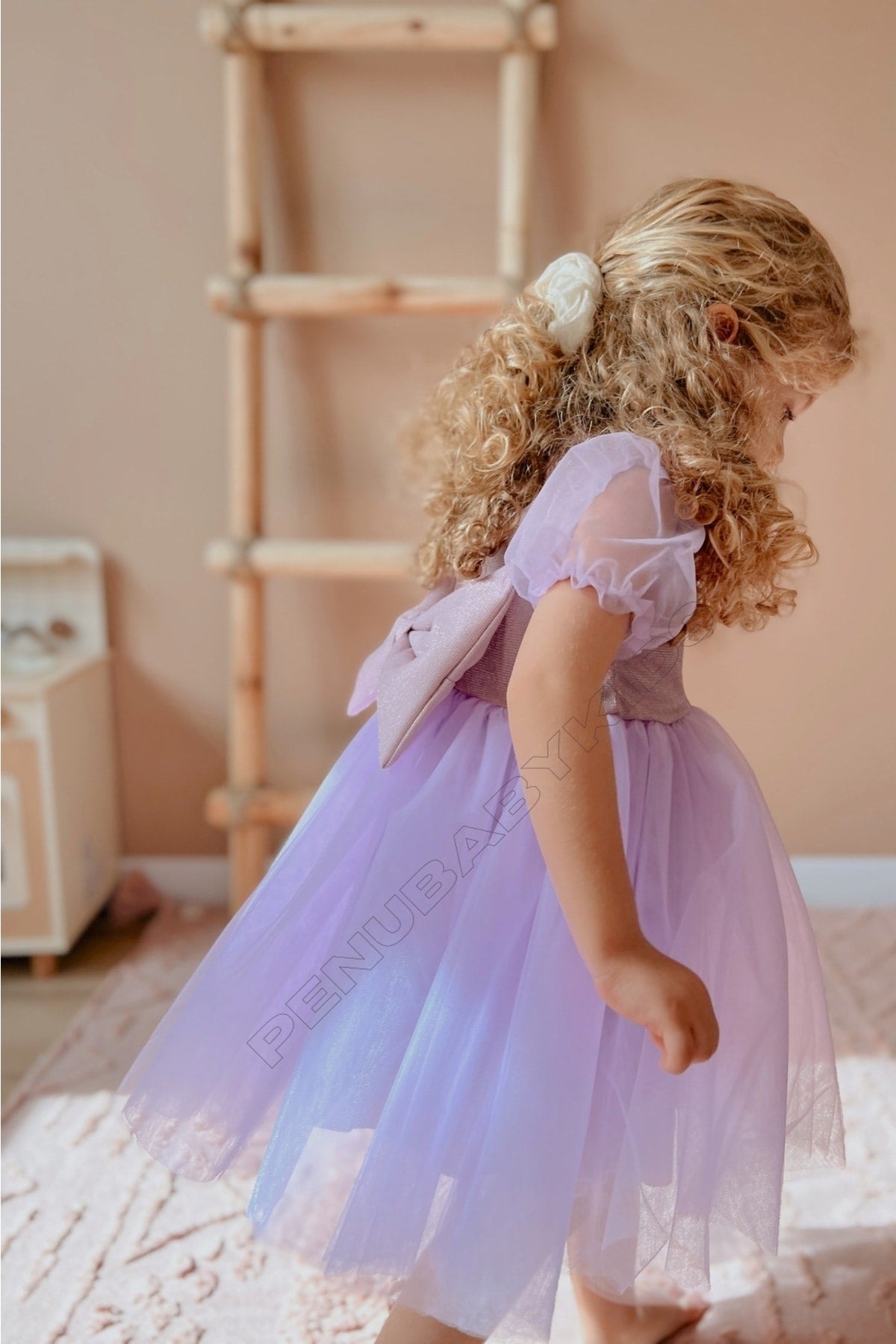 Purple Short Balloon Tulle Sleeve Detailed Tulle Baby Girl Dress - Cinderella