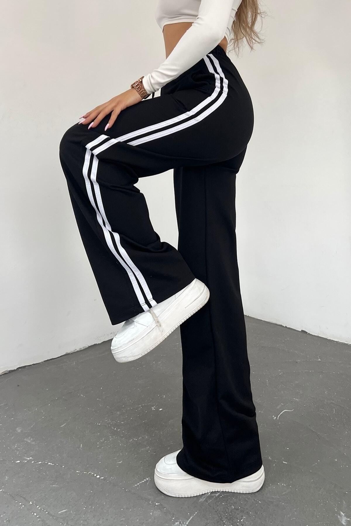 Women's Black High Waist Striped Wide Leg Seasonal Sweatpants - Swordslife