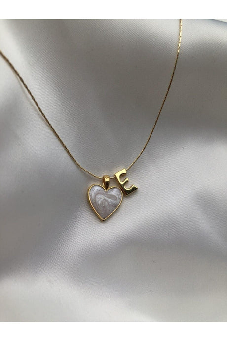 Women's Gold Plated Mother of Pearl Heart Letter E Necklace - Swordslife