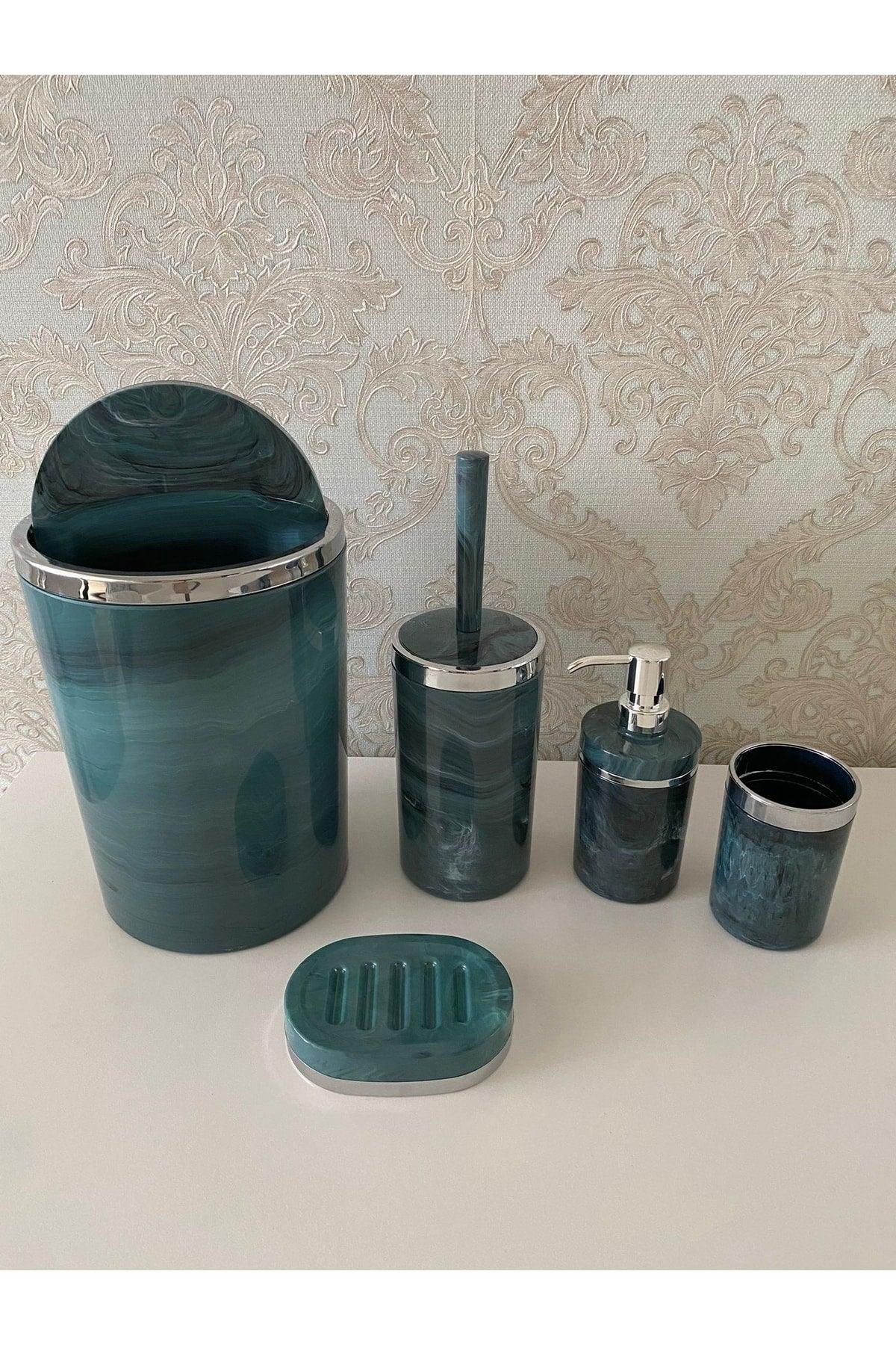 5 Pieces Marble Pattern Silver Bathroom Set / Wc Brush Holder, Liquid - Solid Soap Dispenser, Trash Can, Toothbrush Holder - Swordslife