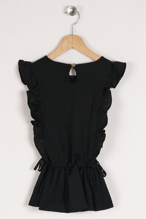 Girl'S Black Color Frilly Waist Elastic Detailed T-Shirt