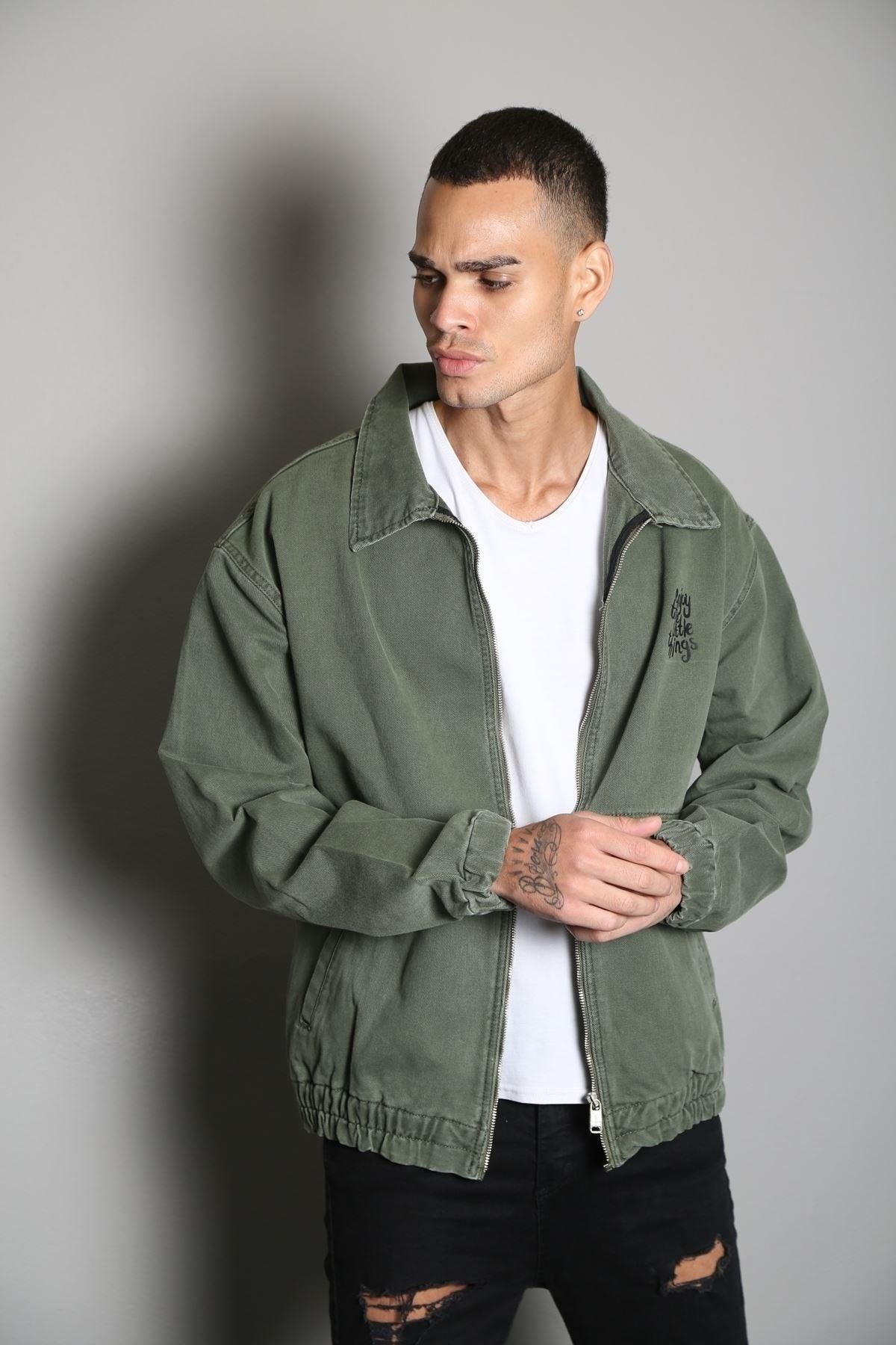 Oversize Khaki Printed Men's Zippered Bomber Denim Jacket - Swordslife