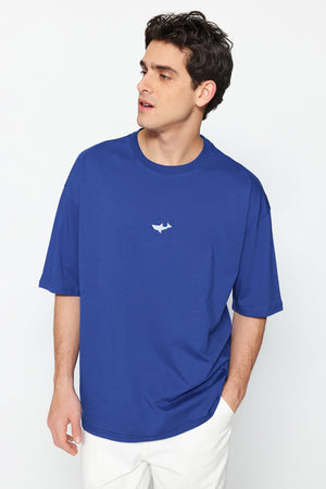 Navy Blue Men'S Oversize Fit Cycling Collar Short Sleeve Shark Embroidered T-Shirt