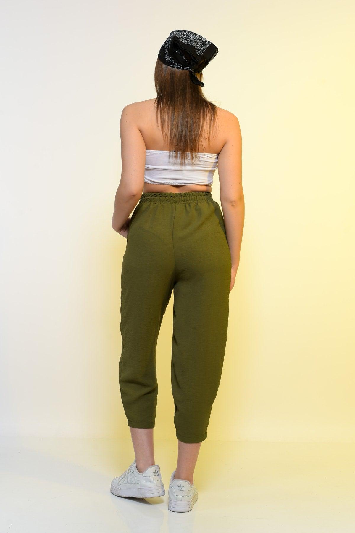 New Season Summer Elastic Waist Slim Pants High Waist Women Khaki Green Casual Trousers - Swordslife