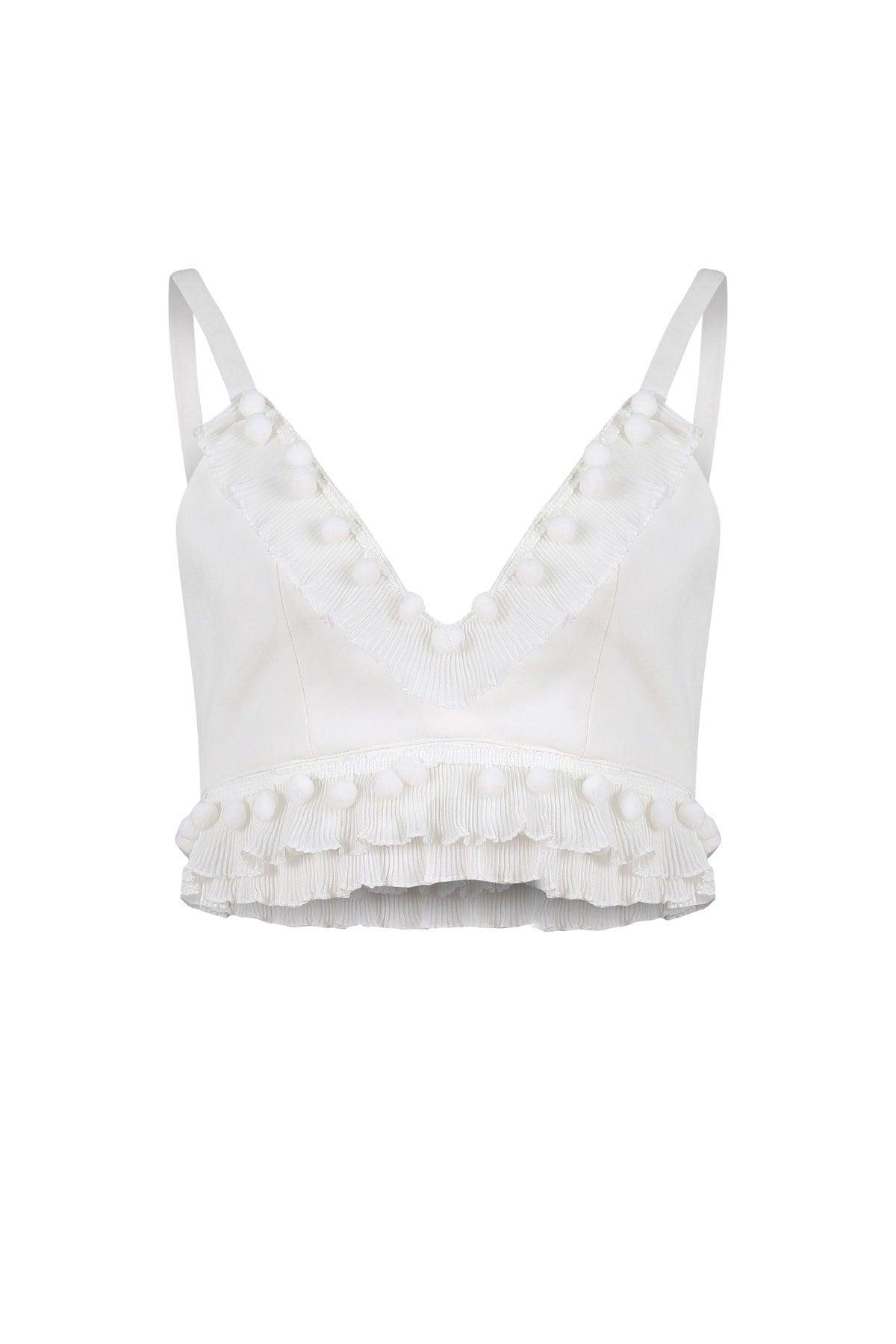 Special Design Couture White Pompom Crop Top - Swordslife