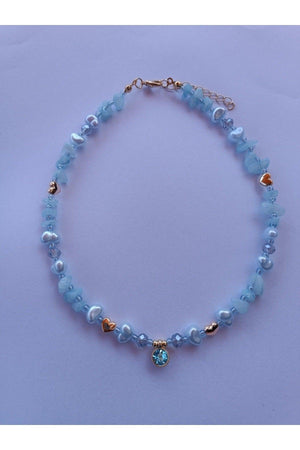 Aqua Marin Natural Stone Blue Glitter Heart Necklace - Swordslife