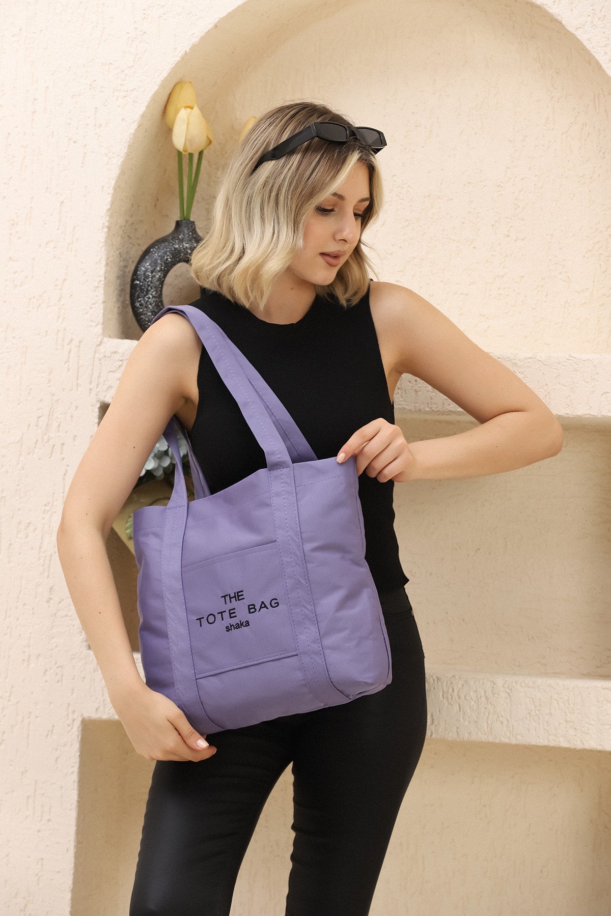 Lilac U46 Snap Closure Front Pocket Detailed Tote Bag Embroidered Canvas Women'S Arm And Shoulder Bag U:30 E: