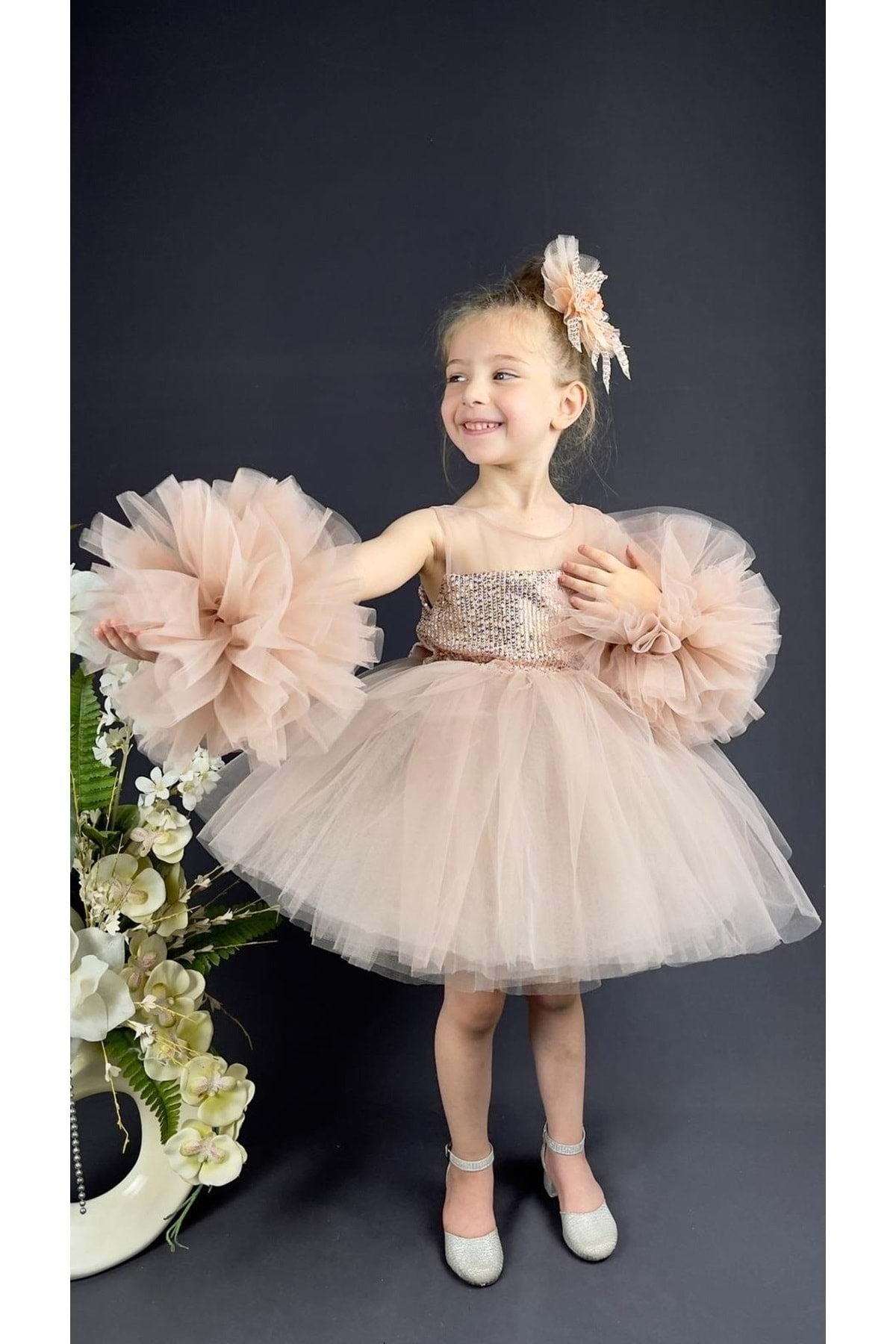 Chiffon Robe Pompom Sleeve Sequined Girls Fluffy Skirt Tulle Evening Dress Powder