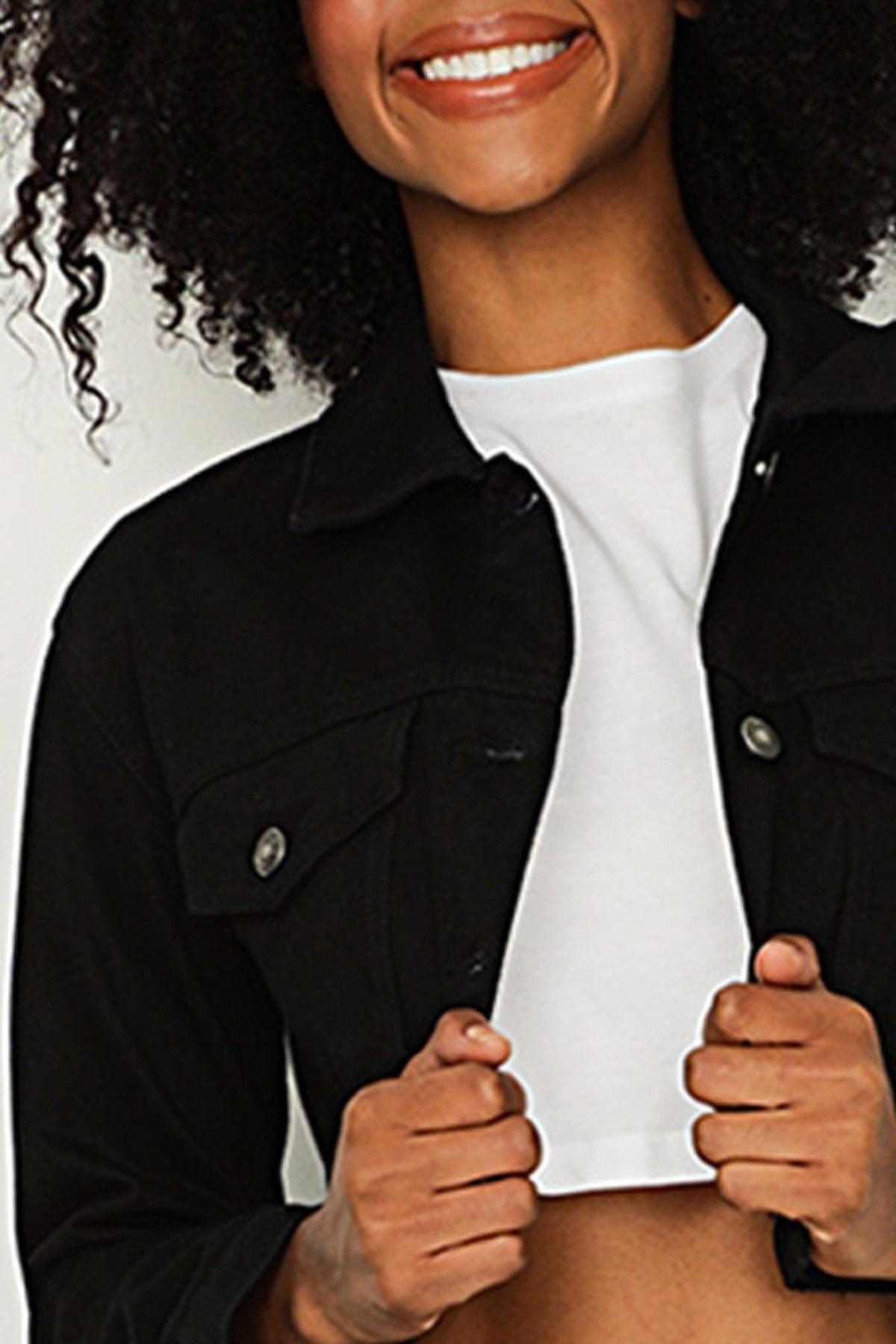 Women's Black Buttoned Crop Denim Jacket - Swordslife