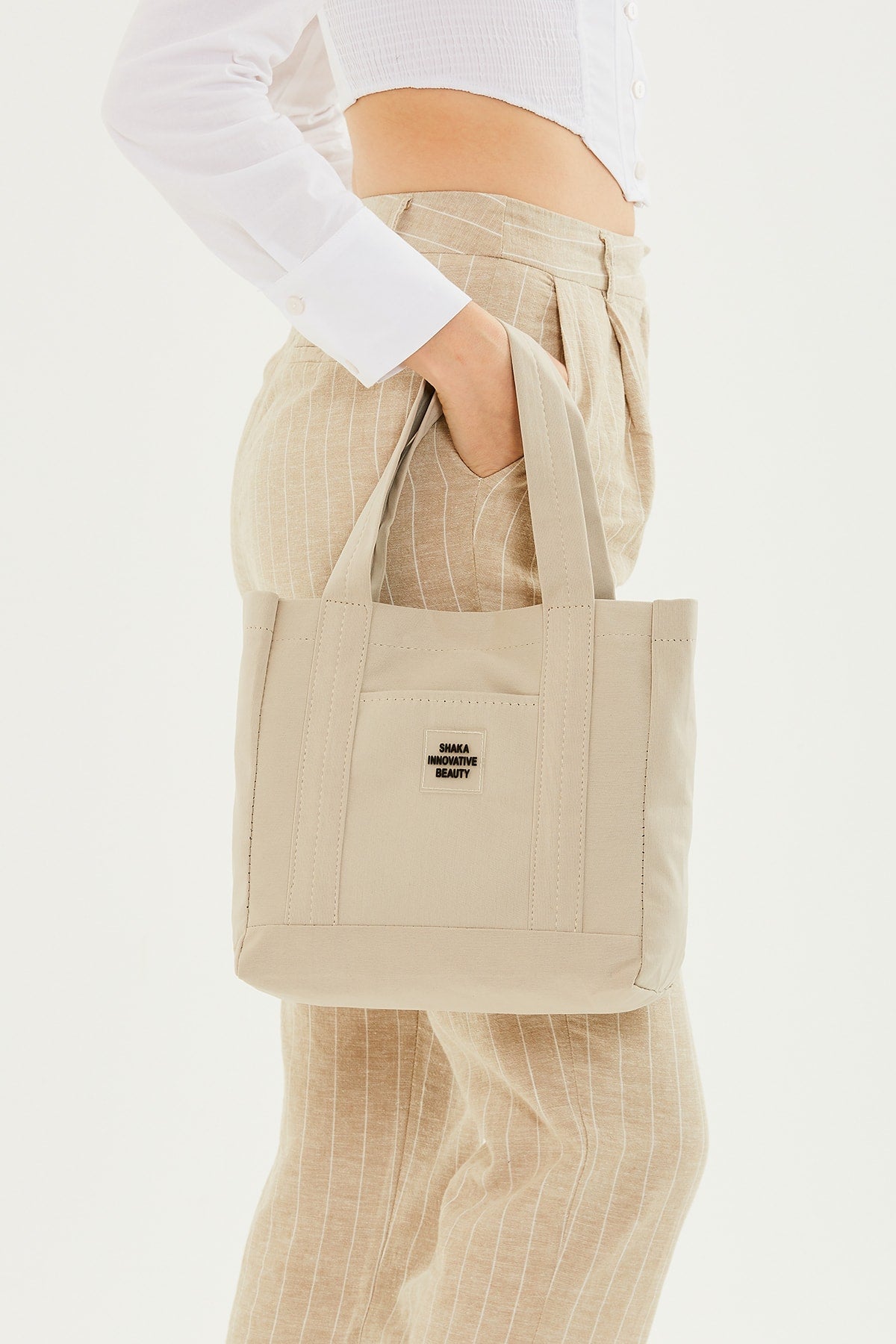 Cream U37 Snap Closure 2 Compartment Front Pocket Detailed Canvas Fabric Daily Women'S Arm And Shoulder Bag U: