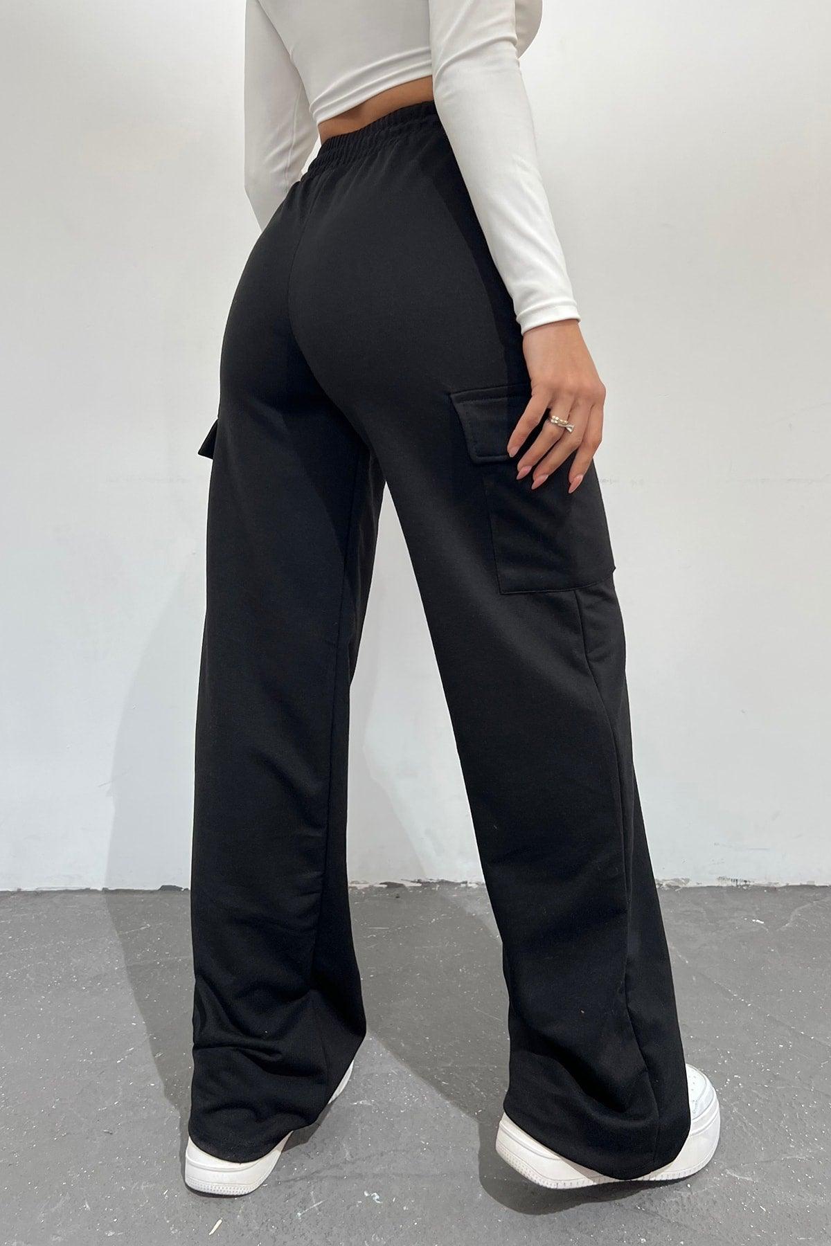 Women's Black - Regular Fit Cargo Pocket Wide Leg Sweatpants - Swordslife