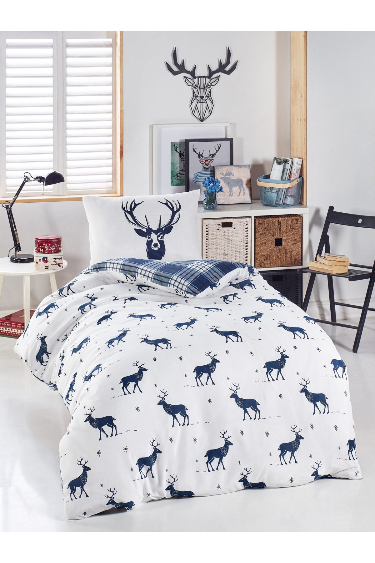 Junior Duvet Cover Set Single Deer Navy Blue