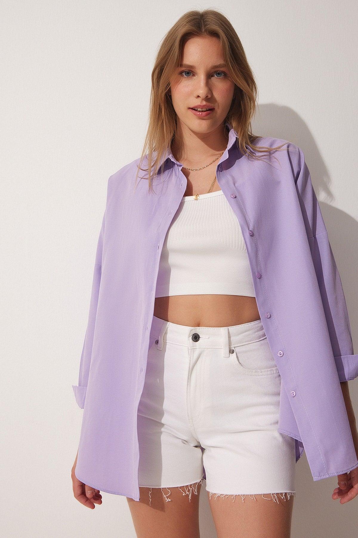 Women's Light Lilac Oversize Long Basic Shirt DD00842 - Swordslife