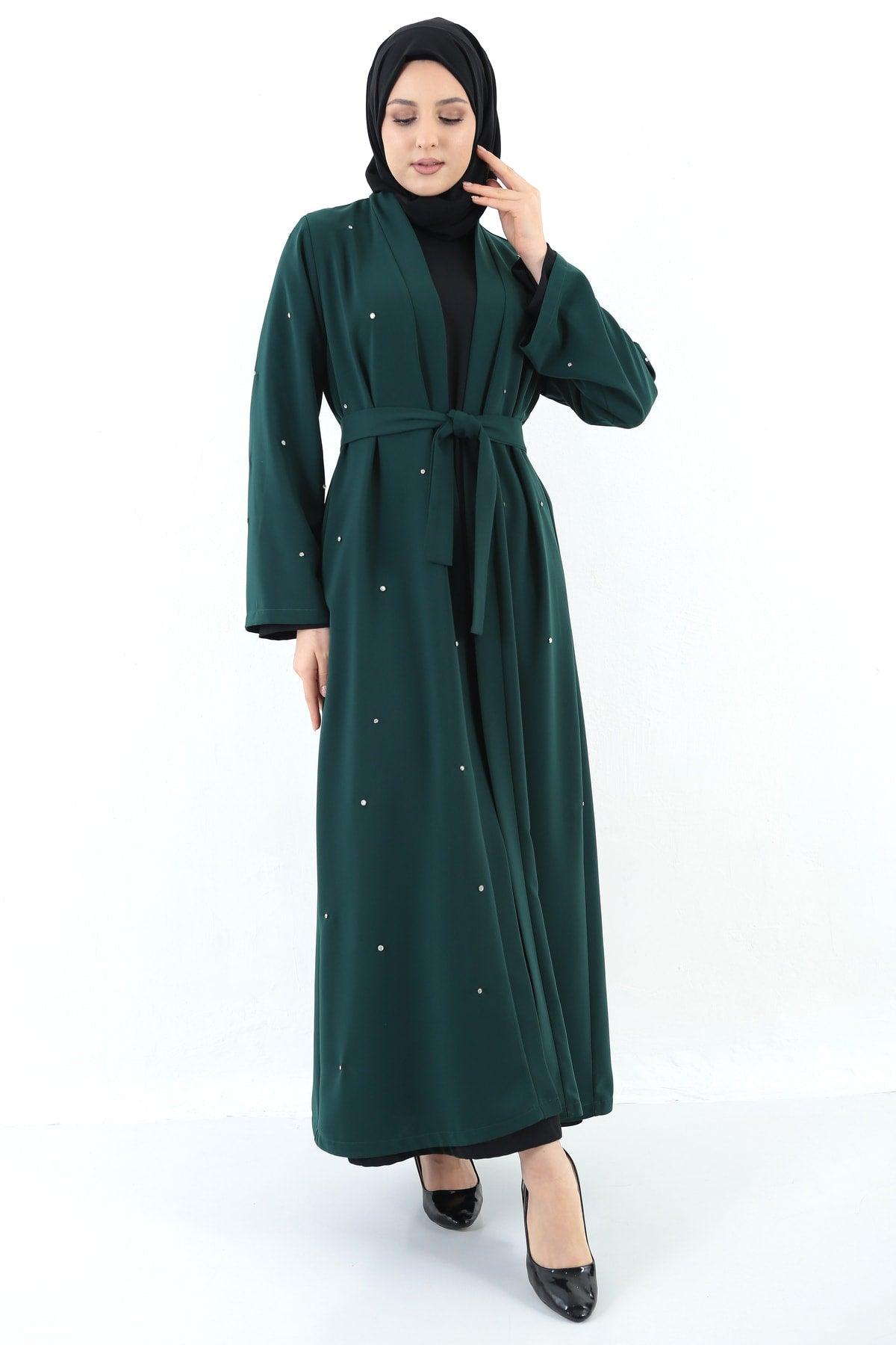 Women's Emerald Green Stone Detailed Belted Abaya - Swordslife