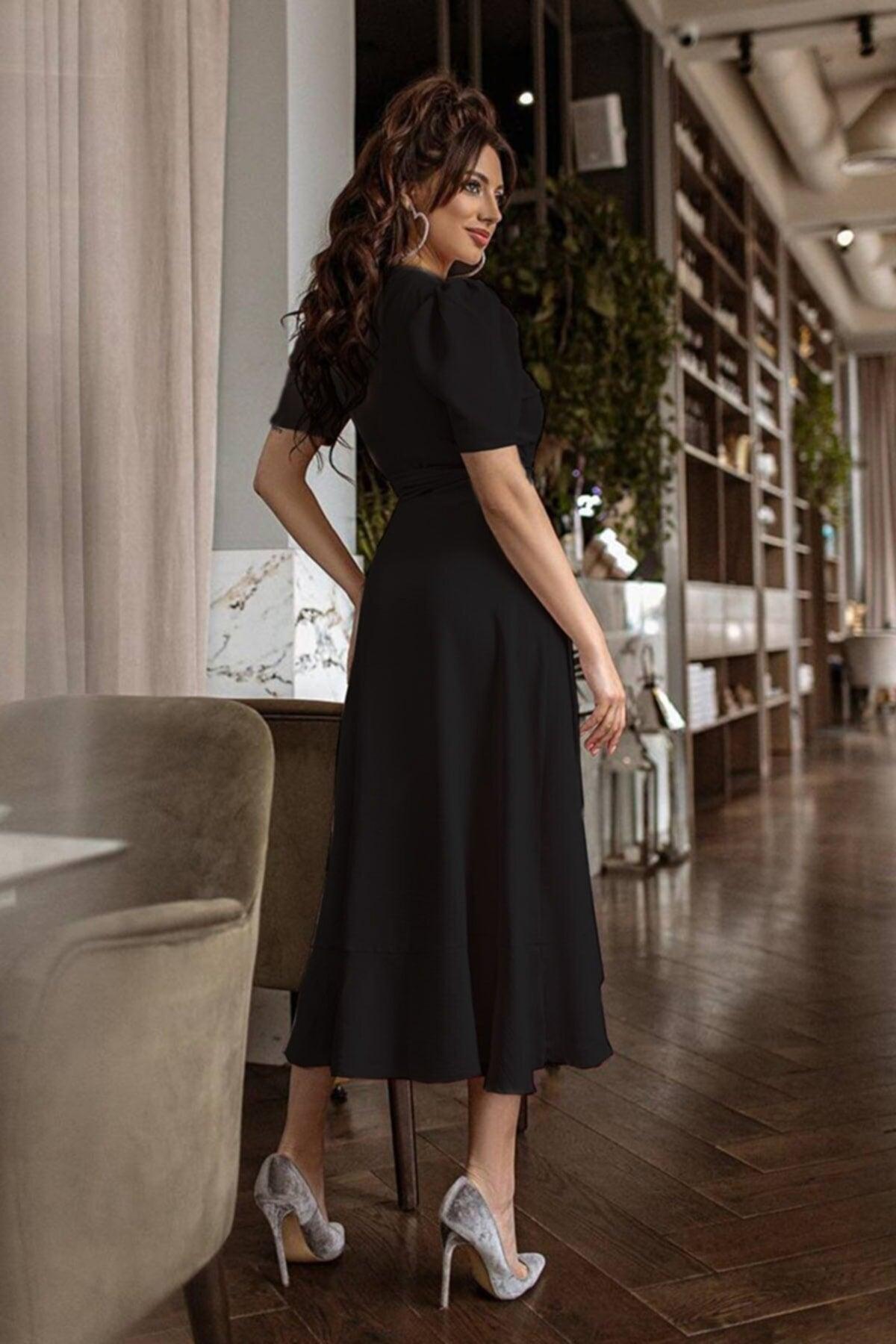 Double Breasted Collar Short Sleeve Flounce Belted Midi Length Dress - Swordslife