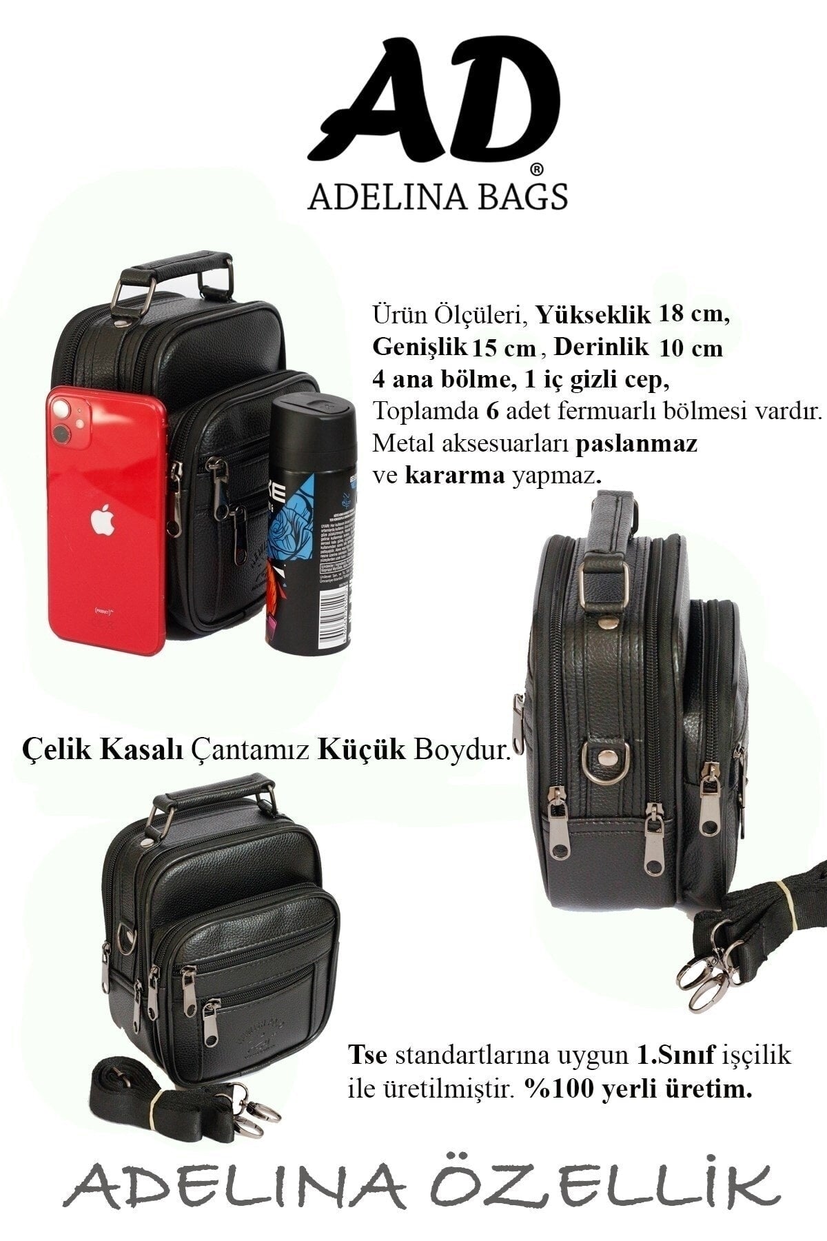 Men'S Small Size Black Leather Steel Case Hand And Shoulder Bag