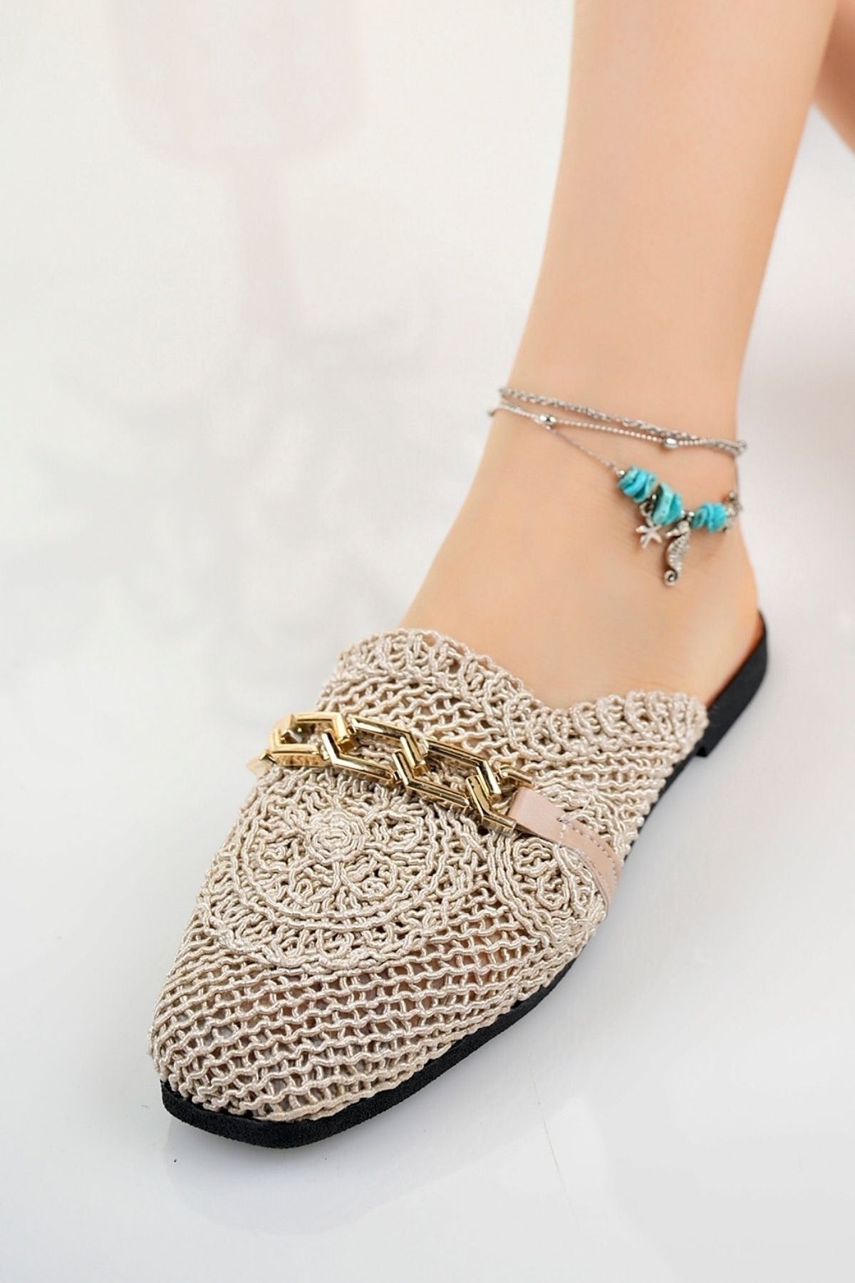 Women'S Closed Front Straw Slippers Beige Lace Knitted Embroidered Dowry Daily Slippers