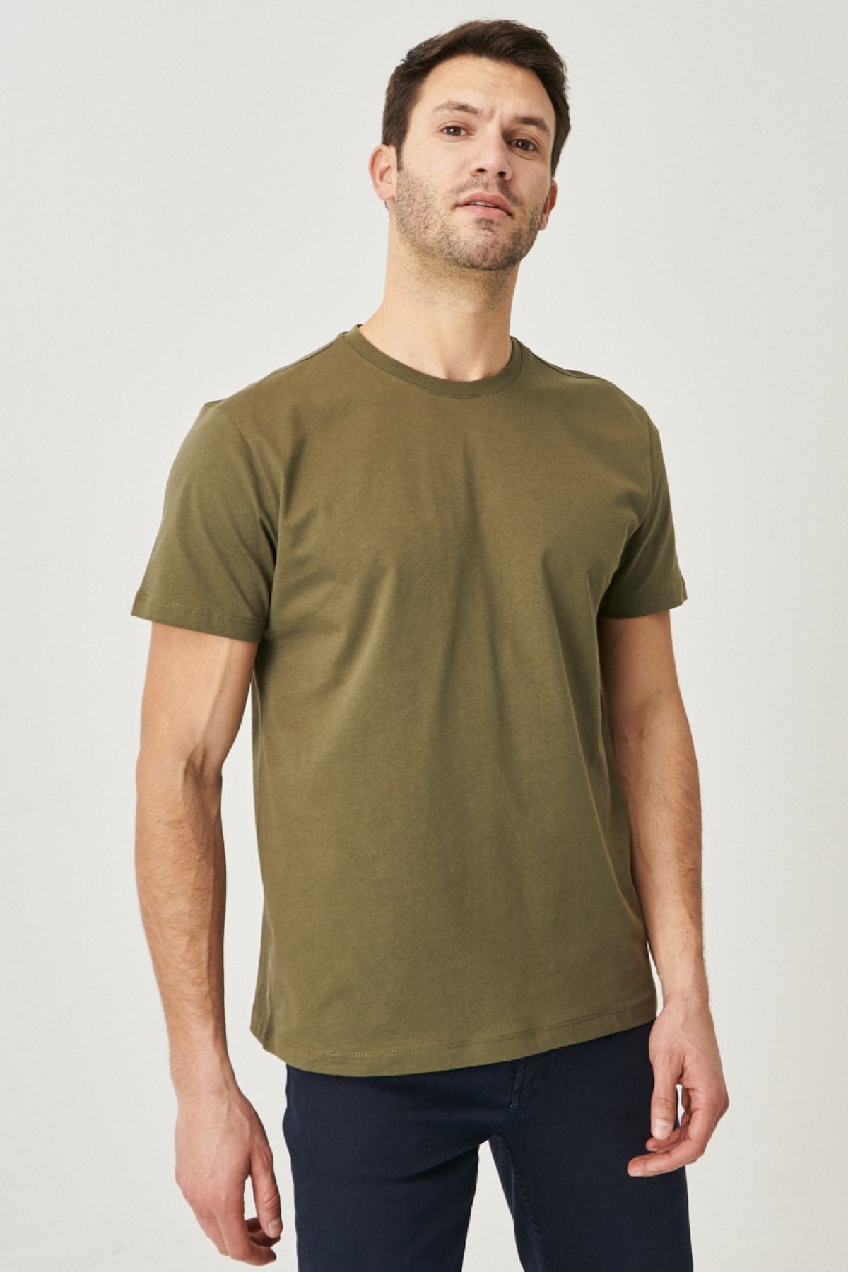 Men's Khaki 100% Cotton Slim Fit Slim Fit Crew Neck Short Sleeved T-Shirt