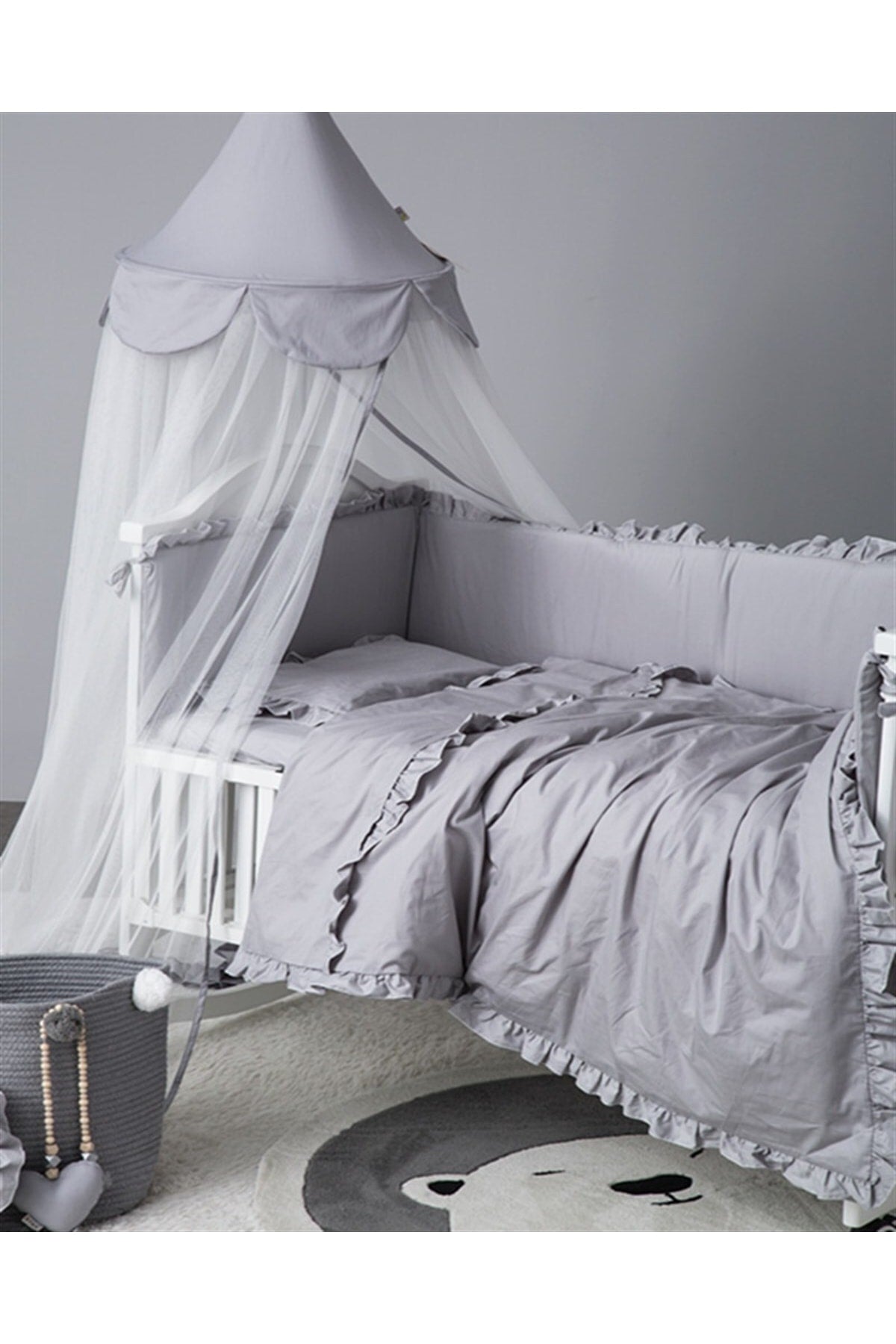 Frilly Gray 60x120 Color Crib / Montessori Side Protection And Duvet Cover Set Bedding Set