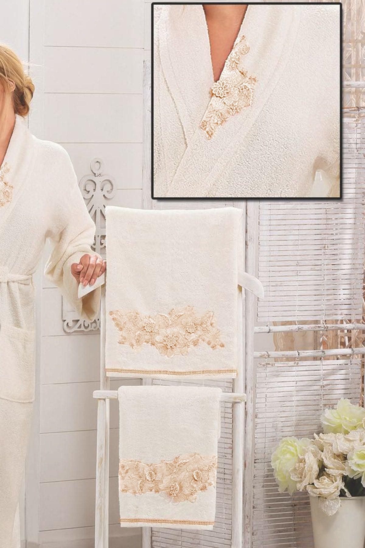 100% Bamboo Ladies Honeymoon Bathrobe Set Lace Embroidered Set Dowry Set Soft Cream Sultan Cap - Swordslife