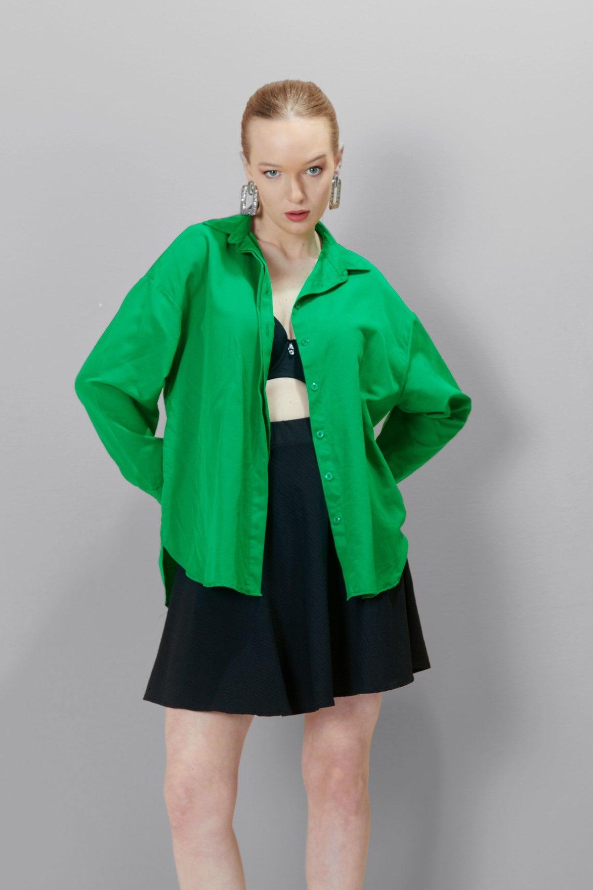 Women's Green Oversize Long Basic Shirt - Swordslife