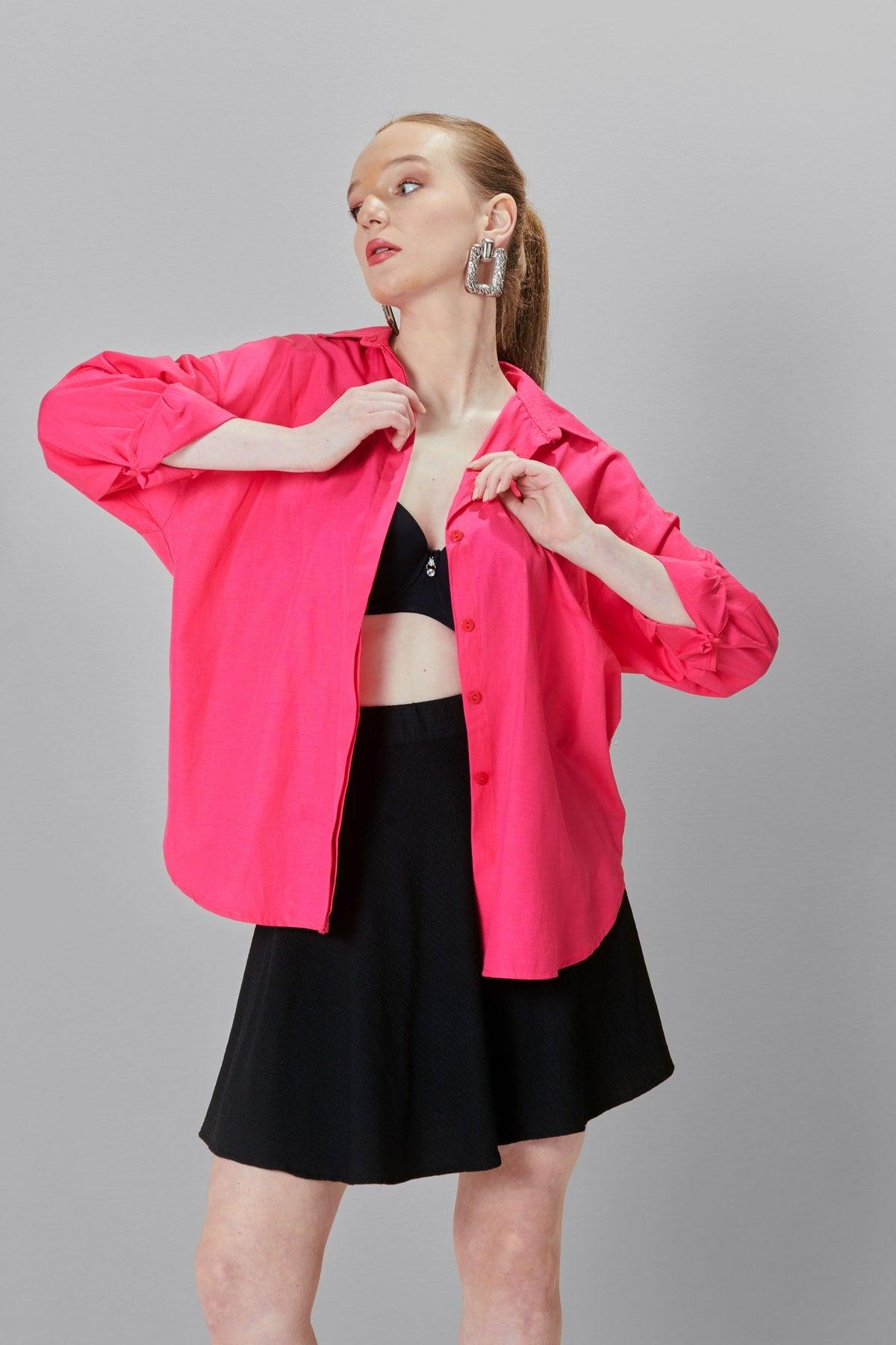 Women's Fuchsia Oversize Long Woven Shirt - Swordslife