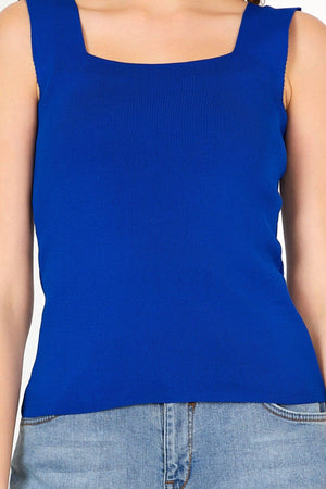 Women's Sax Blue Thick Strap Square Collar Summer Athlete Knitwear Blouse - Swordslife