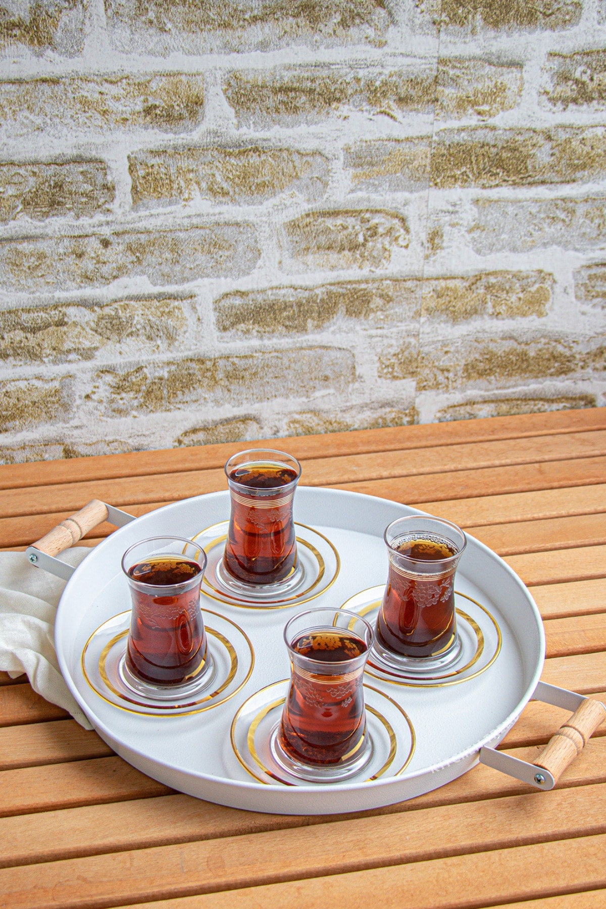 3 Piece White (45, 37, 30 Cm) Metal Tray With Wooden Handle Tea Tray Presentation Tray Set