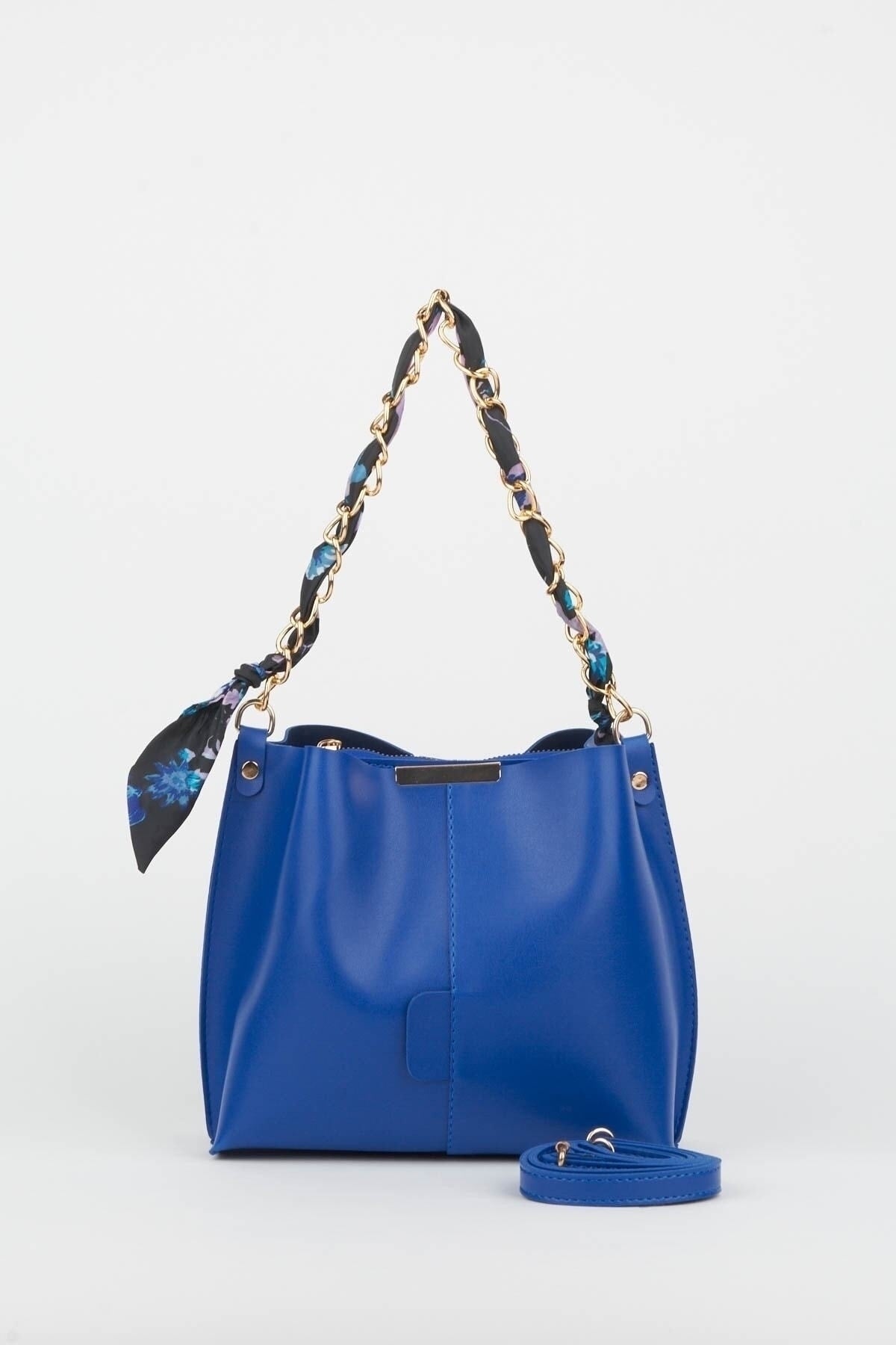 Women'S Sax Blue Scarf Chain Accessory Soft Leather 3-Compartment Hand, Arm And Shoulder Bag